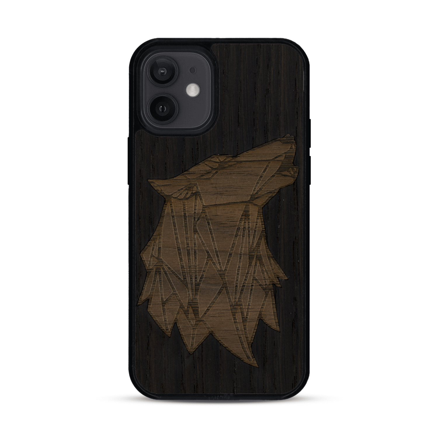 Coque de protection en bois véritable fabriquée en France pour  alliant du chêne fumé et du noyer représentant une tête de loup géométrique de profil sur le thème des animaux et de la nature