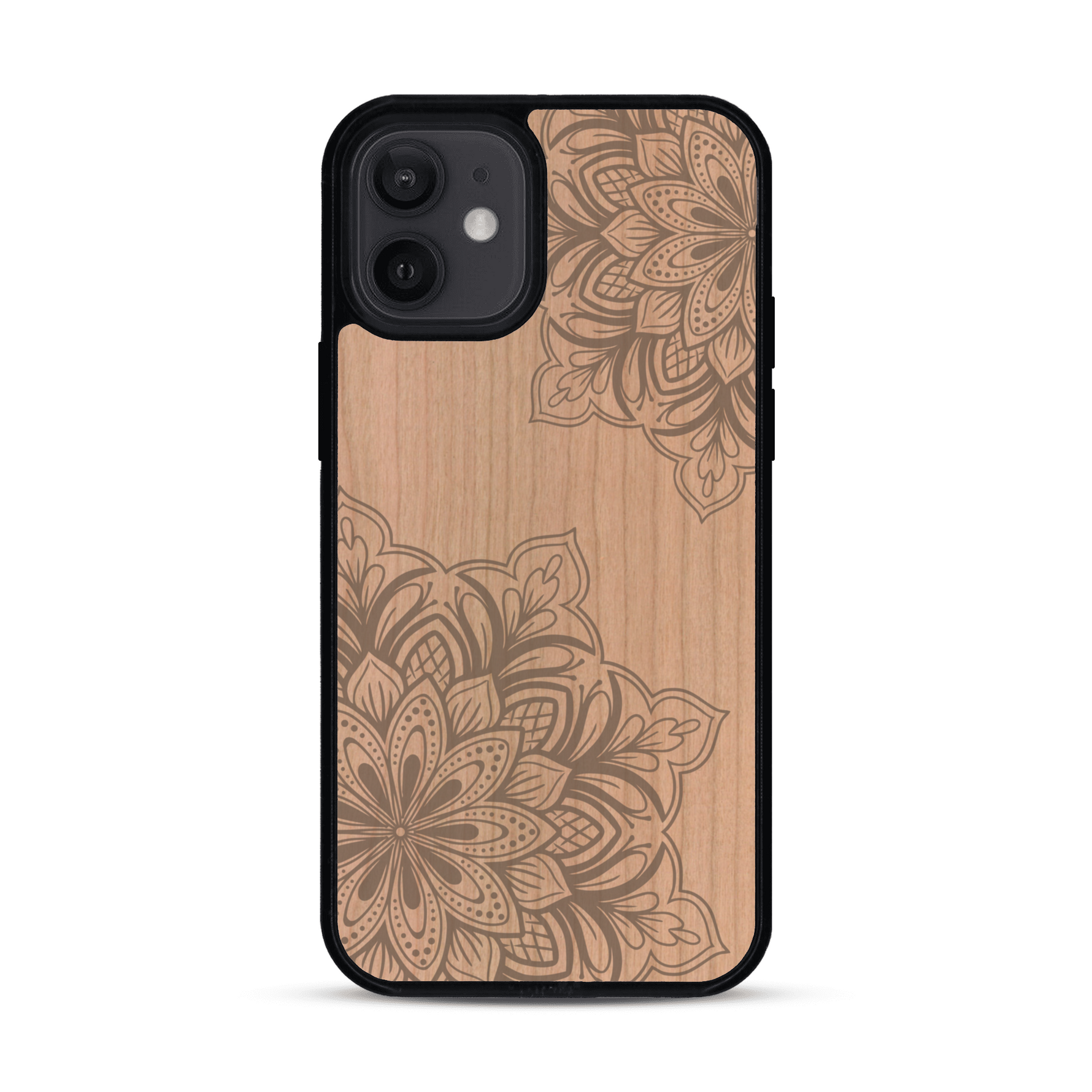 Coque de protection en bois véritable fabriquée en France pour  sur le thème de la bohème et du tatouage au henné avec une gravure représentant un mandala