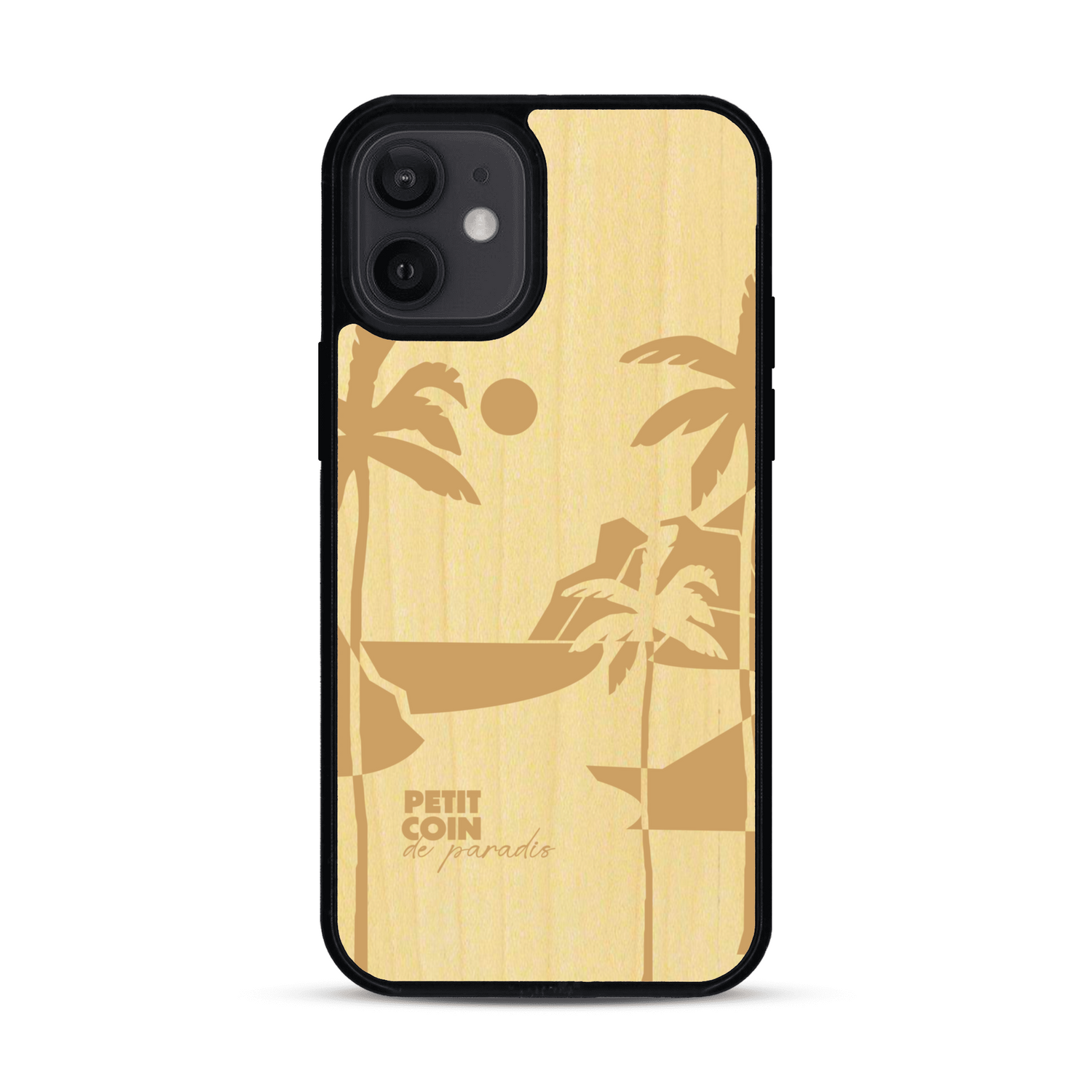 Coque de protection en bois véritable fabriquée en France pour  sur le thème des voyages en vans, vanlife et chill avec une gravure représentant un van vw combi devant le soleil couchant sur une plage avec des vagues