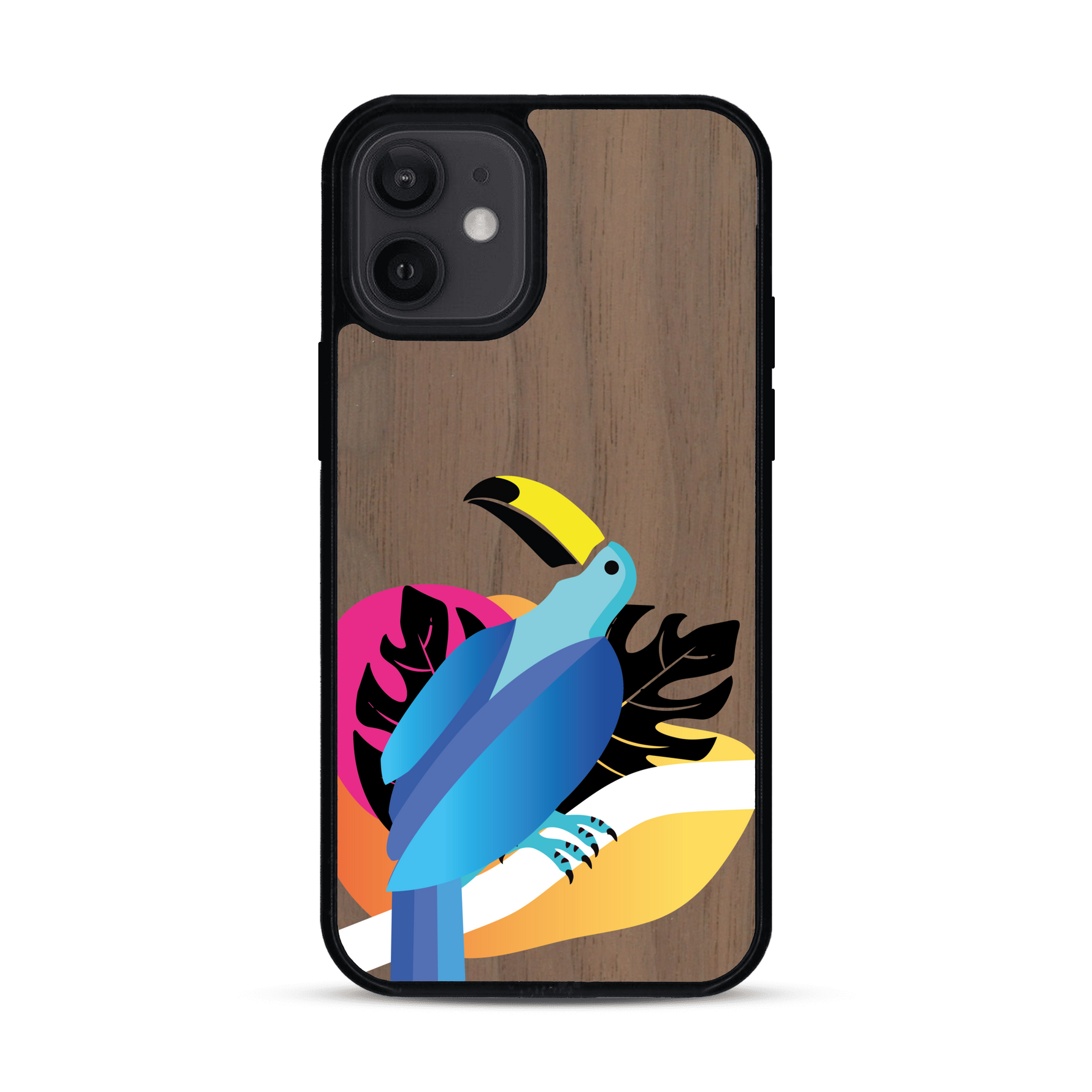 Coque de protection en bois véritable fabriquée en France pour iPhone 12 Mini représentant un toucan coloré avec un design moderne et minimaliste sur le thème de la jungle et de la nature