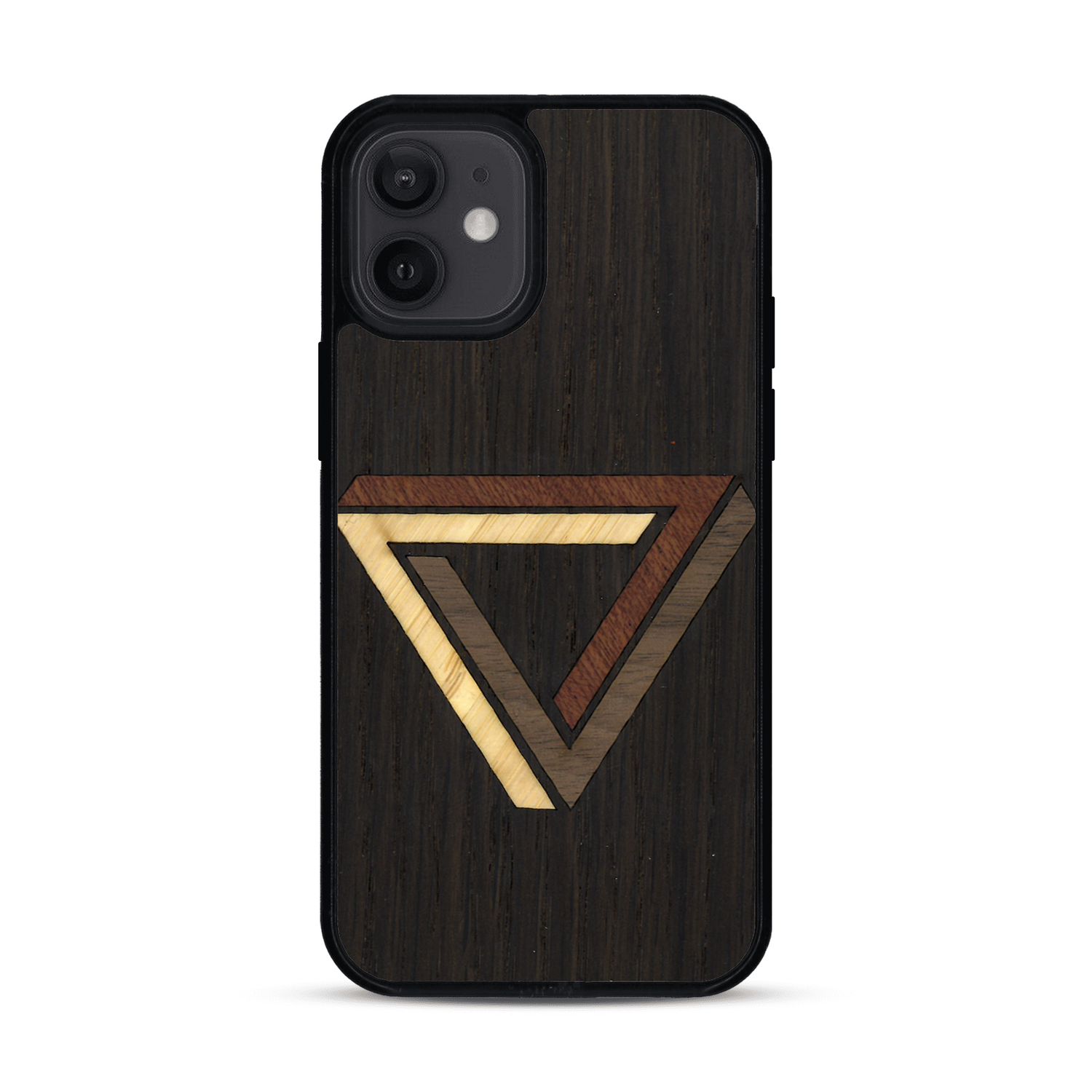 Coque de protection en bois véritable fabriquée en France pour  sur le thème de l'art géométrique qui allie du chêne fumé, du noyer, du bambou et du padouk représentant le triangle de penrose