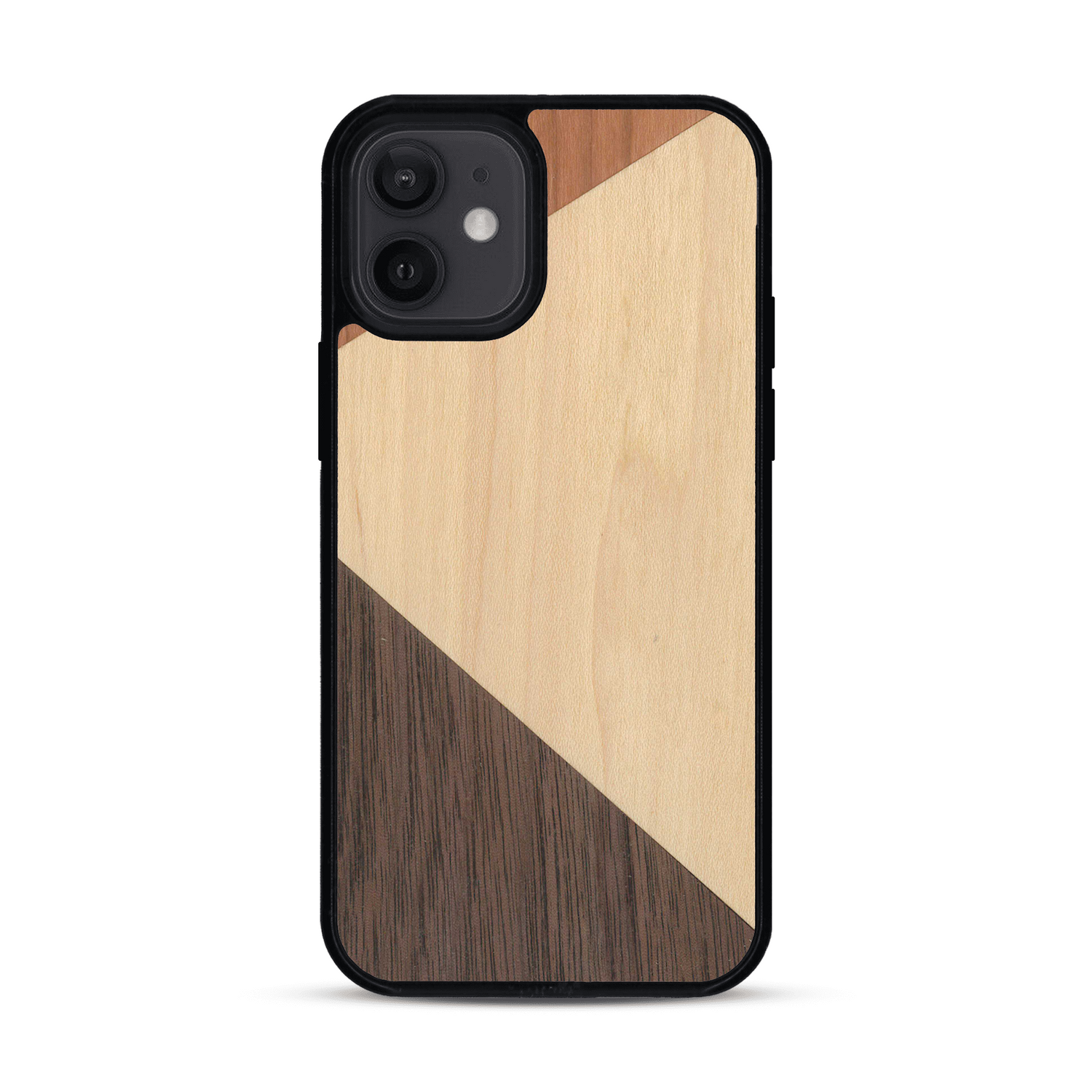 Coque de protection en bois véritable fabriquée en France pour  alliant du merisier, du noyer et du bambou formant chacun deux triangles et un trapèze avec deux jointures en diagonale sur le thème de l'art abstrait