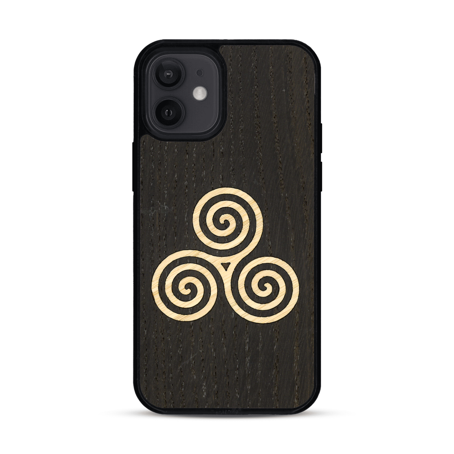 Coque de protection en bois véritable fabriquée en France pour  alliant du chêne fumé et du bambou et doré représentant un triskell