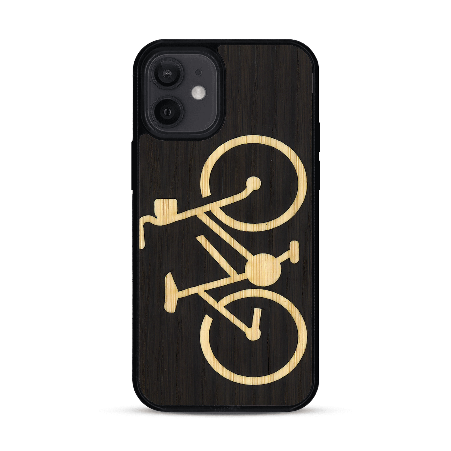 Coque de protection en bois véritable fabriquée en France pour  sur le theme du vélo et de l'outdoor qui allie du bambou et du chêne fumé représentant un vélo