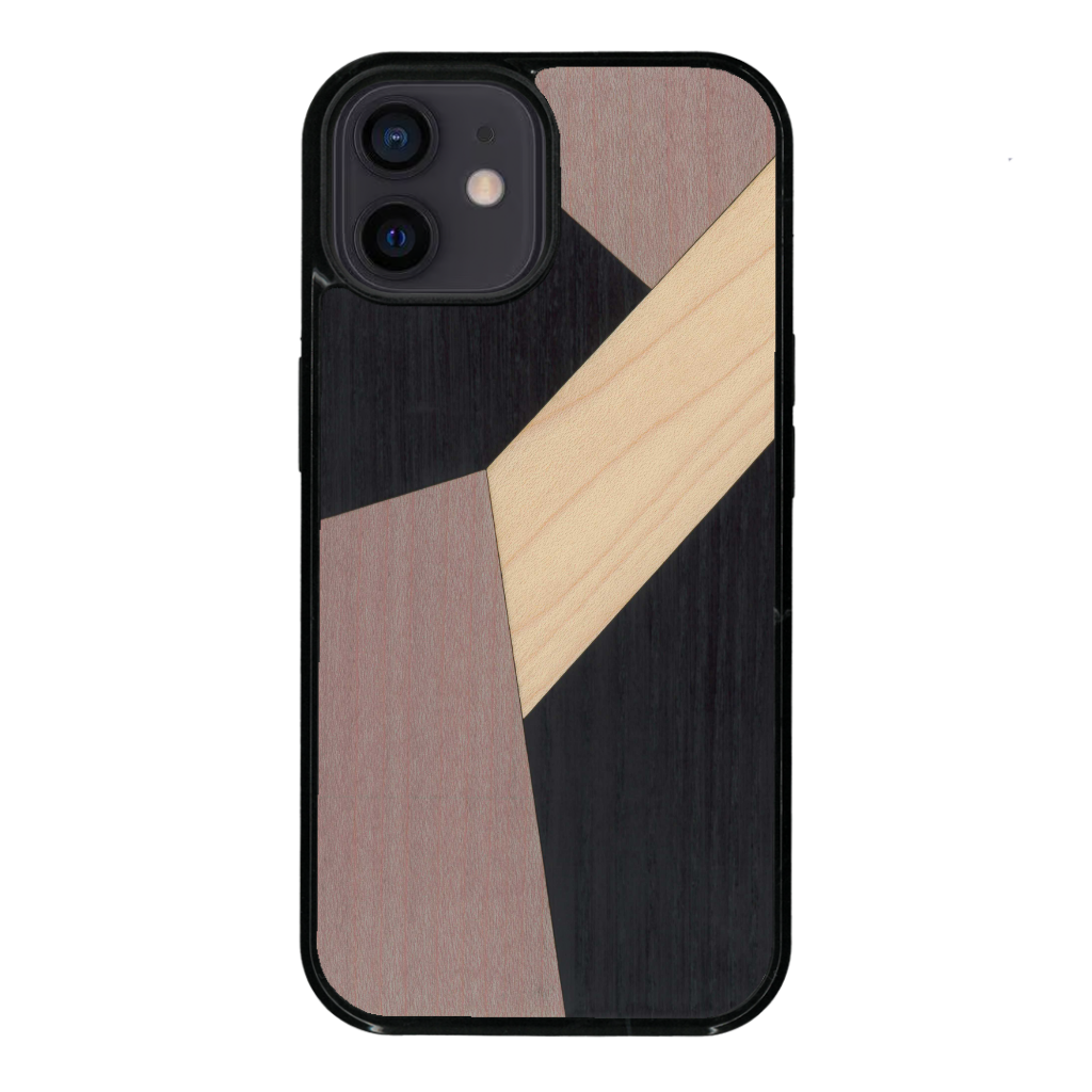 Coque de protection en bois véritable fabriquée en France pour iPhone 12 Mini alliant du bambou, du tulipier mauve et noir en forme de mosaïque minimaliste sur le thème de l'art abstrait