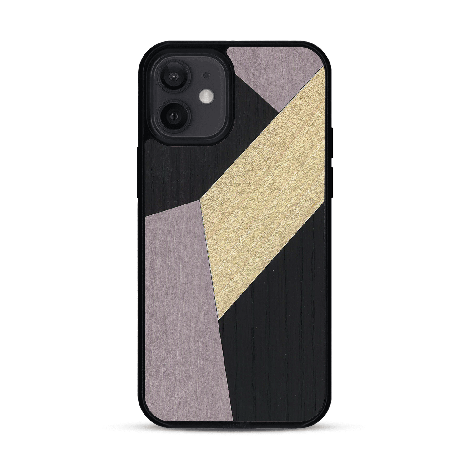 Coque de protection en bois véritable fabriquée en France pour  alliant du bambou, du tulipier mauve et noir en forme de mosaïque minimaliste sur le thème de l'art abstrait