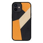 Coque de protection en bois véritable fabriquée en France pour iPhone 12 Mini alliant du bambou, du tulipier orange et noir en forme de mosaïque minimaliste sur le thème de l'art abstrait