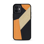 Coque de protection en bois véritable fabriquée en France pour  alliant du bambou, du tulipier orange et noir en forme de mosaïque minimaliste sur le thème de l'art abstrait