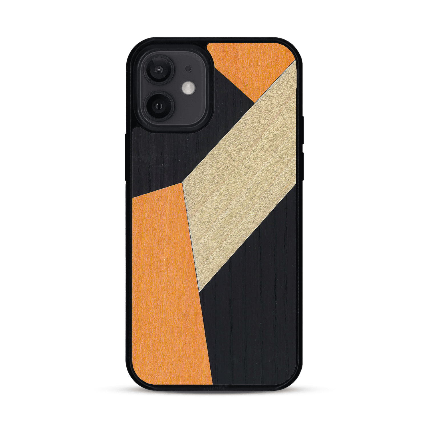 Coque de protection en bois véritable fabriquée en France pour  alliant du bambou, du tulipier orange et noir en forme de mosaïque minimaliste sur le thème de l'art abstrait