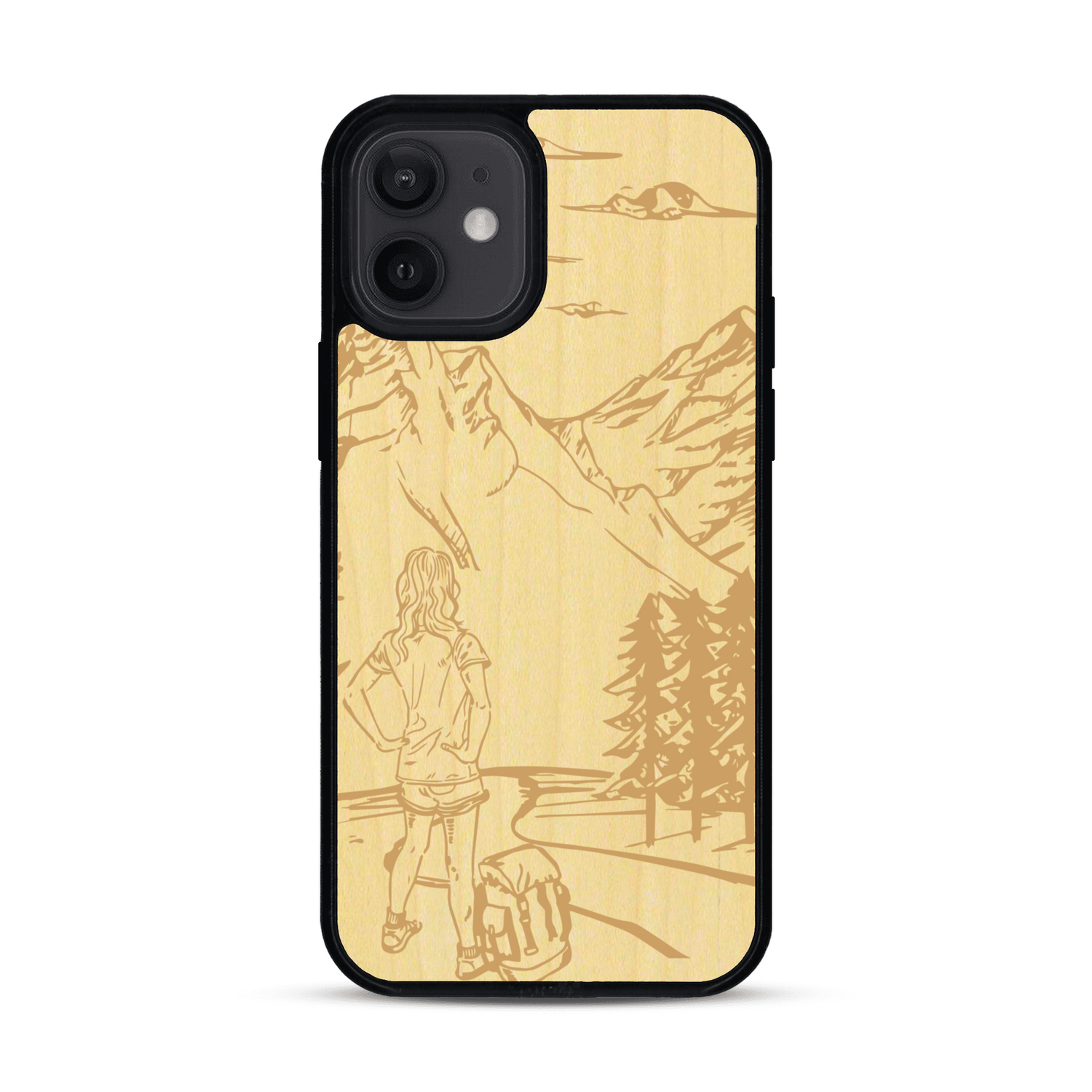 Coque de protection en bois véritable fabriquée en France pour  sur le thème de la randonnée en montagne et de l'aventure avec une gravure représentant une femme de dos face à un paysage de nature