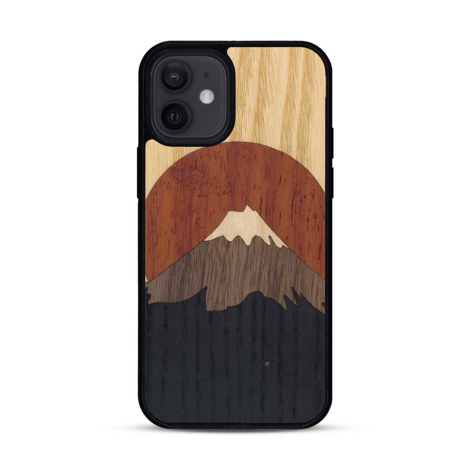 Coque de protection en bois véritable fabriquée en France pour  alliant plusieurs essences de bois pour représenter le mont Fuji