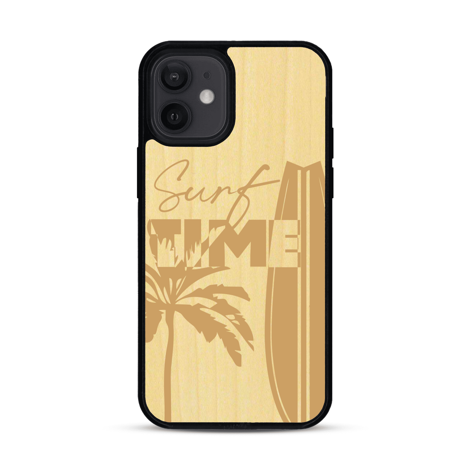 Coque de protection en bois véritable fabriquée en France pour  sur le thème chill avec un motif représentant une silouhette tenant une planche de surf sur une plage entouré de palmiers et les mots "Surf Time Long Beach Miami"