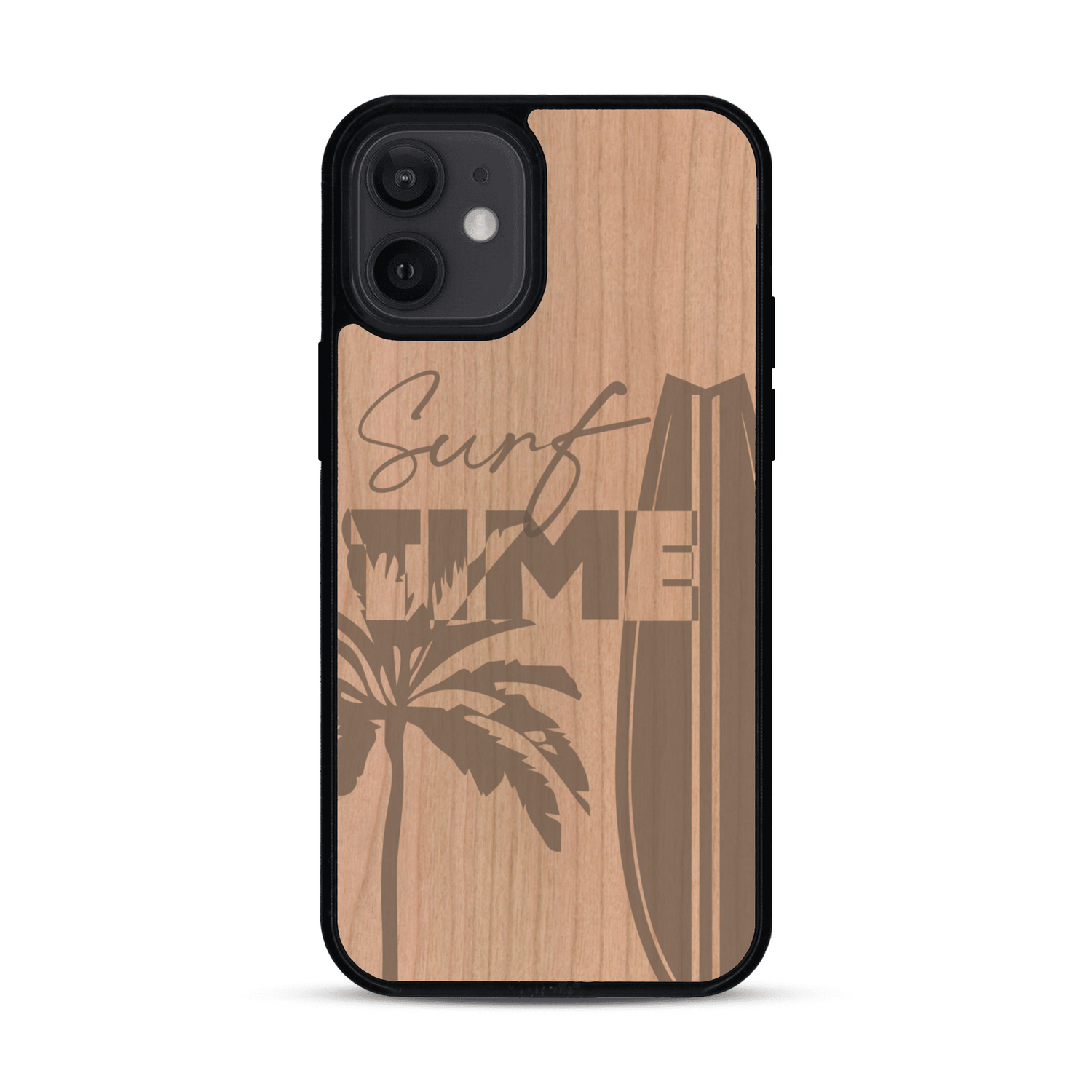 Coque de protection en bois véritable fabriquée en France pour  sur le thème chill avec un motif représentant une silouhette tenant une planche de surf sur une plage entouré de palmiers et les mots "Surf Time Long Beach Miami"