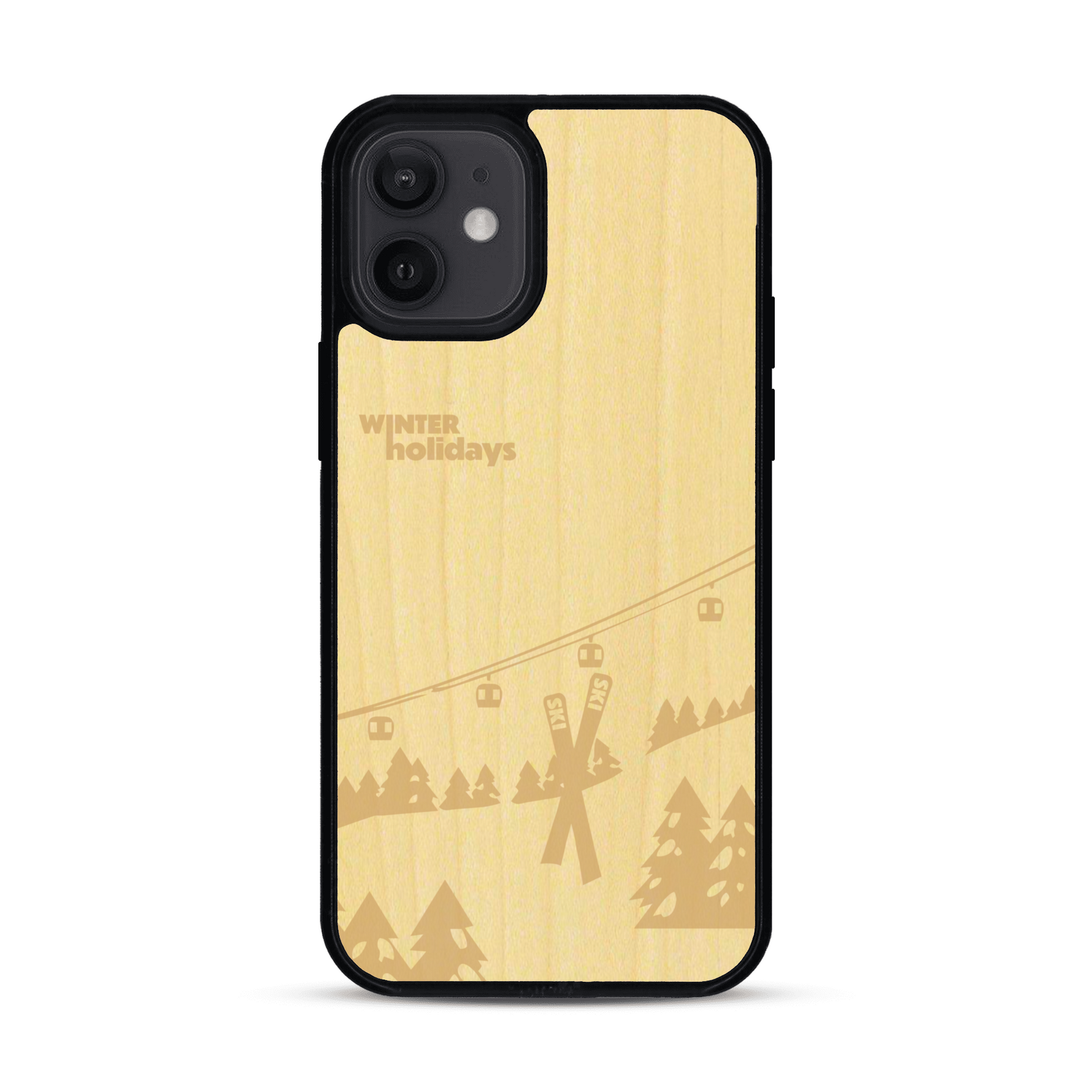 Coque de protection en bois véritable fabriquée en France pour  sur le thème de la montagne, du ski et de la neige avec un motif représentant une paire de ski plantée dans la neige avec en fond des montagnes enneigées
