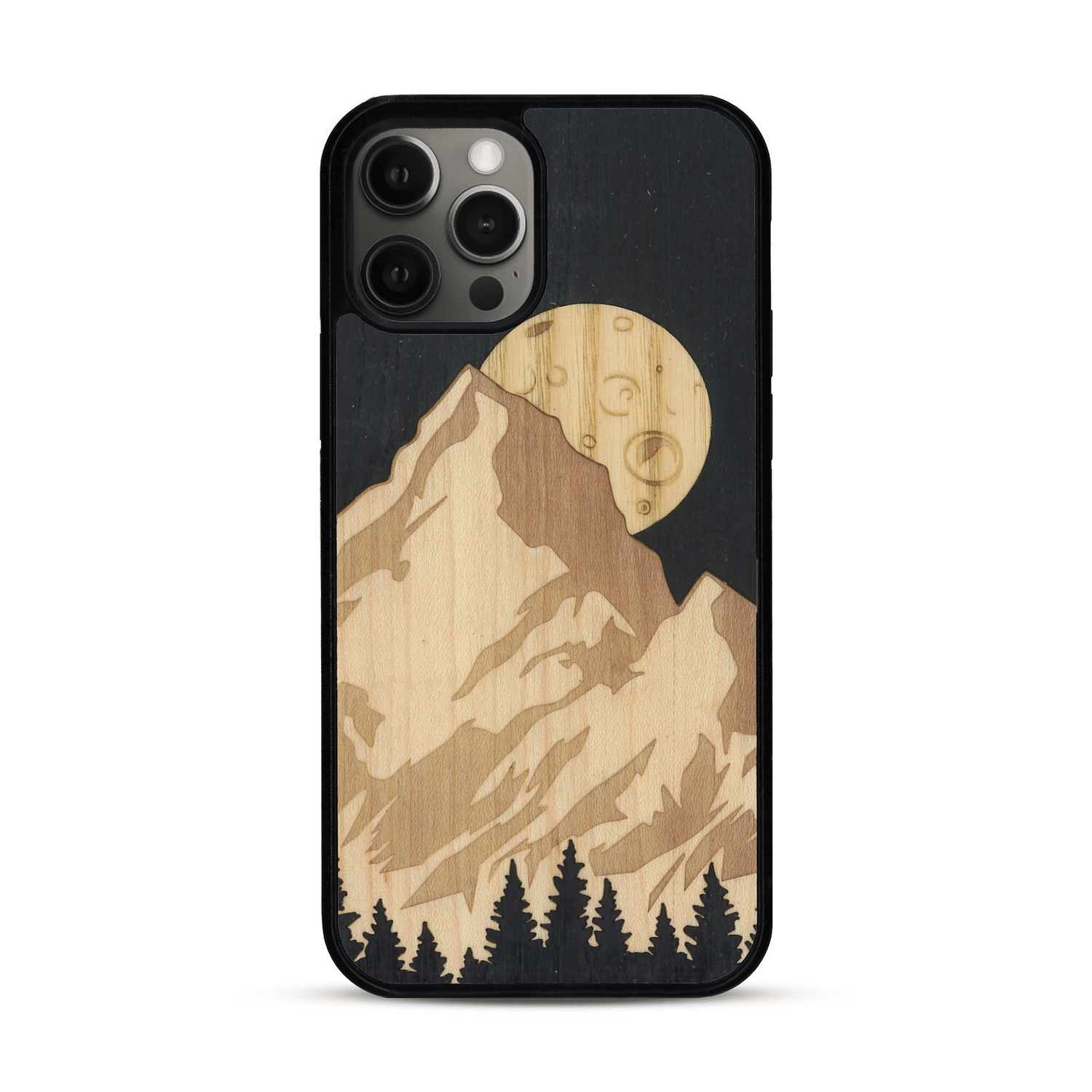 Coque de protection en bois véritable fabriquée en France pour  alliant plusieurs essences de bois pour représenter le mont Everest
