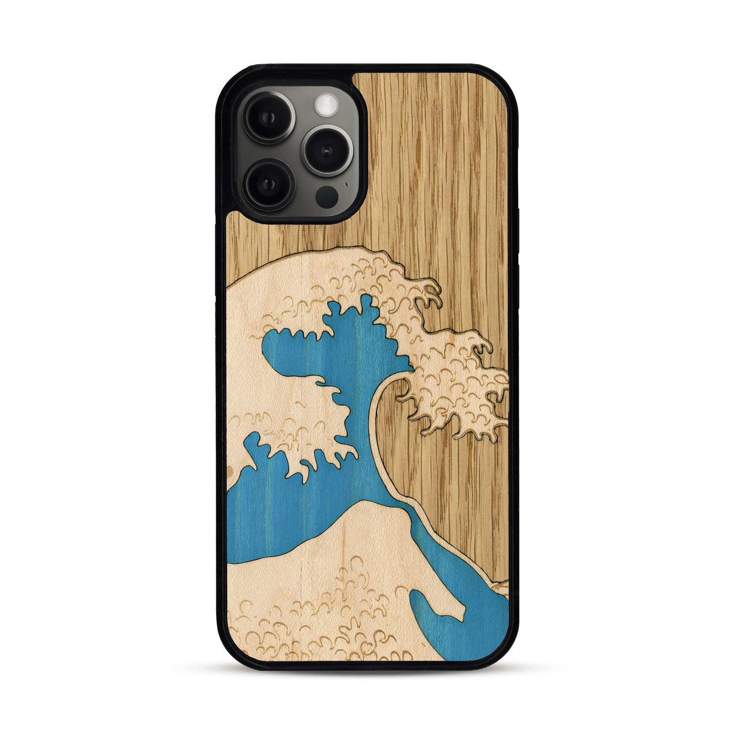 Coque de protection en bois véritable fabriquée en France pour  alliant plusieurs essences de bois pour représenter la célèbre grande vague de Kanagawa