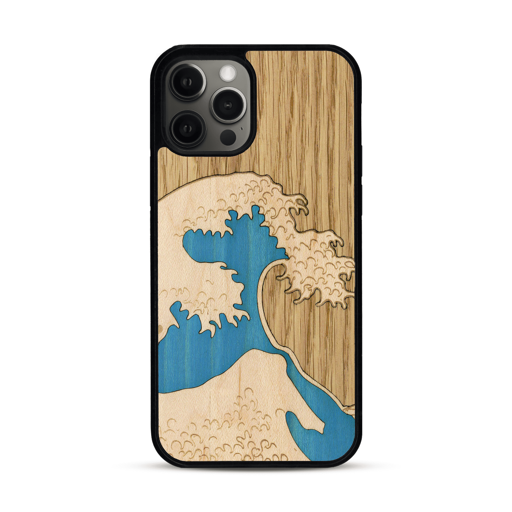 Coque de protection en bois véritable fabriquée en France pour  alliant plusieurs essences de bois pour représenter la célèbre grande vague de Kanagawa