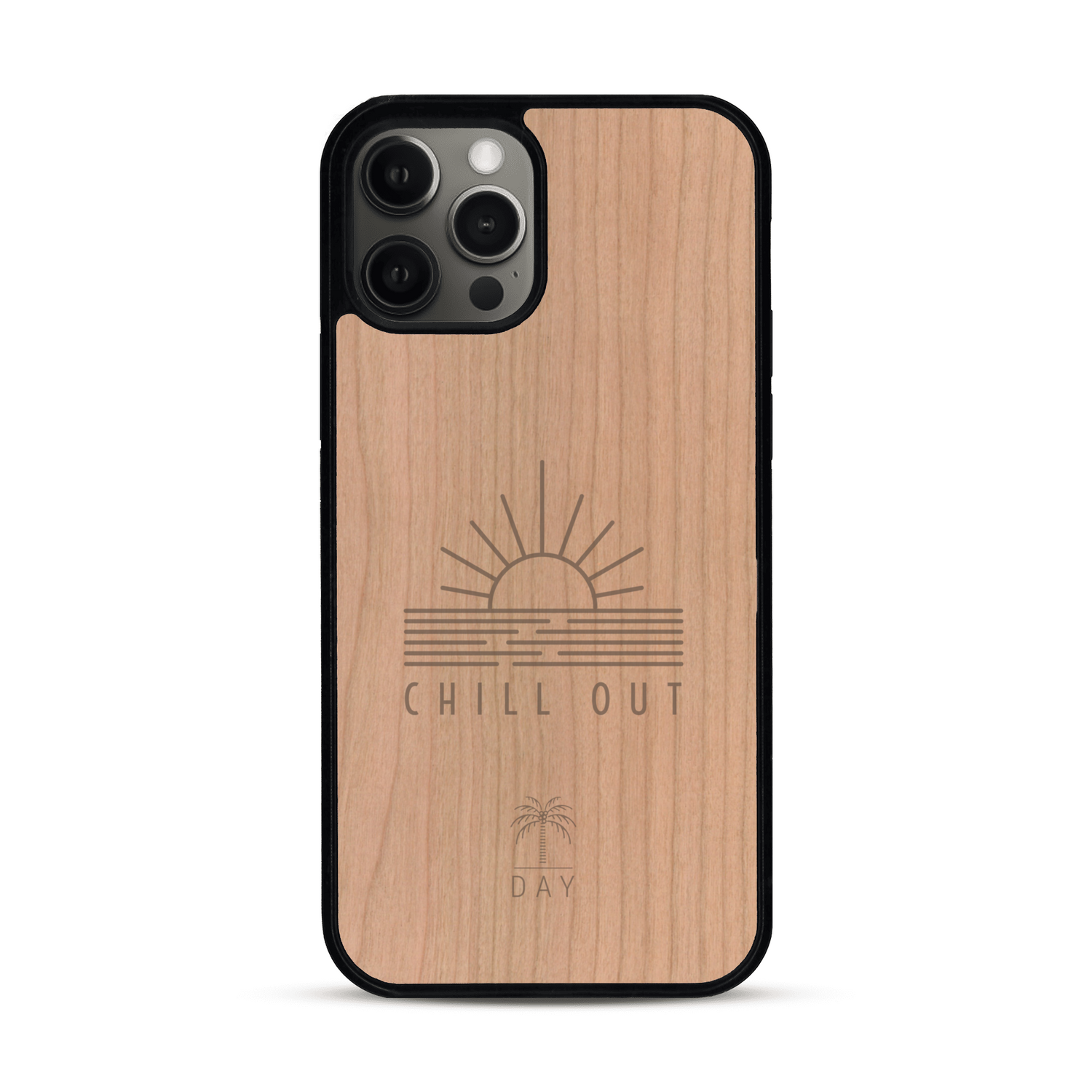 Coque de protection en bois véritable fabriquée en France pour  sur le thème chill avec un motif représentant un couché de soleil sur l'océan et la phrase "Chill out"