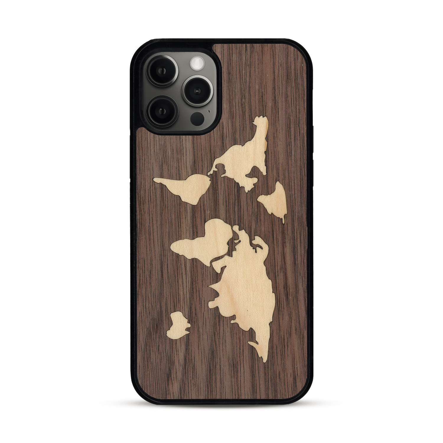 Coque de protection en bois véritable fabriquée en France pour  alliant du bambou et du noyer sur le thème du voyage et de l'aventure représentant une mappemonde
