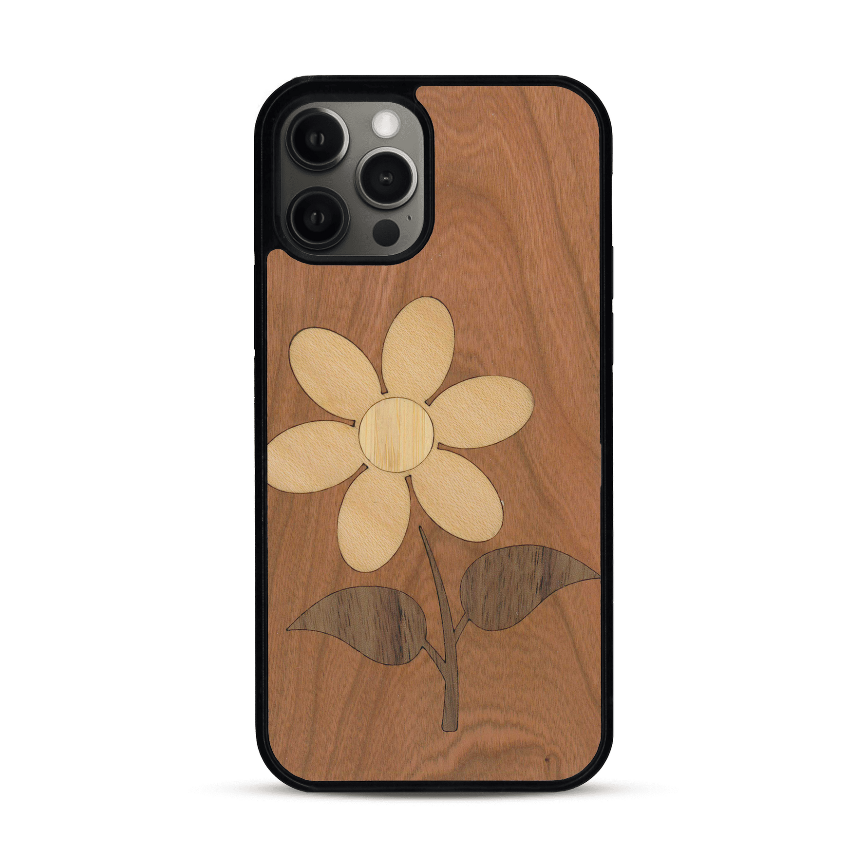 Coque de protection en bois véritable fabriquée en France pour  alliant plusieurs essences de bois pour représenter une marguerite