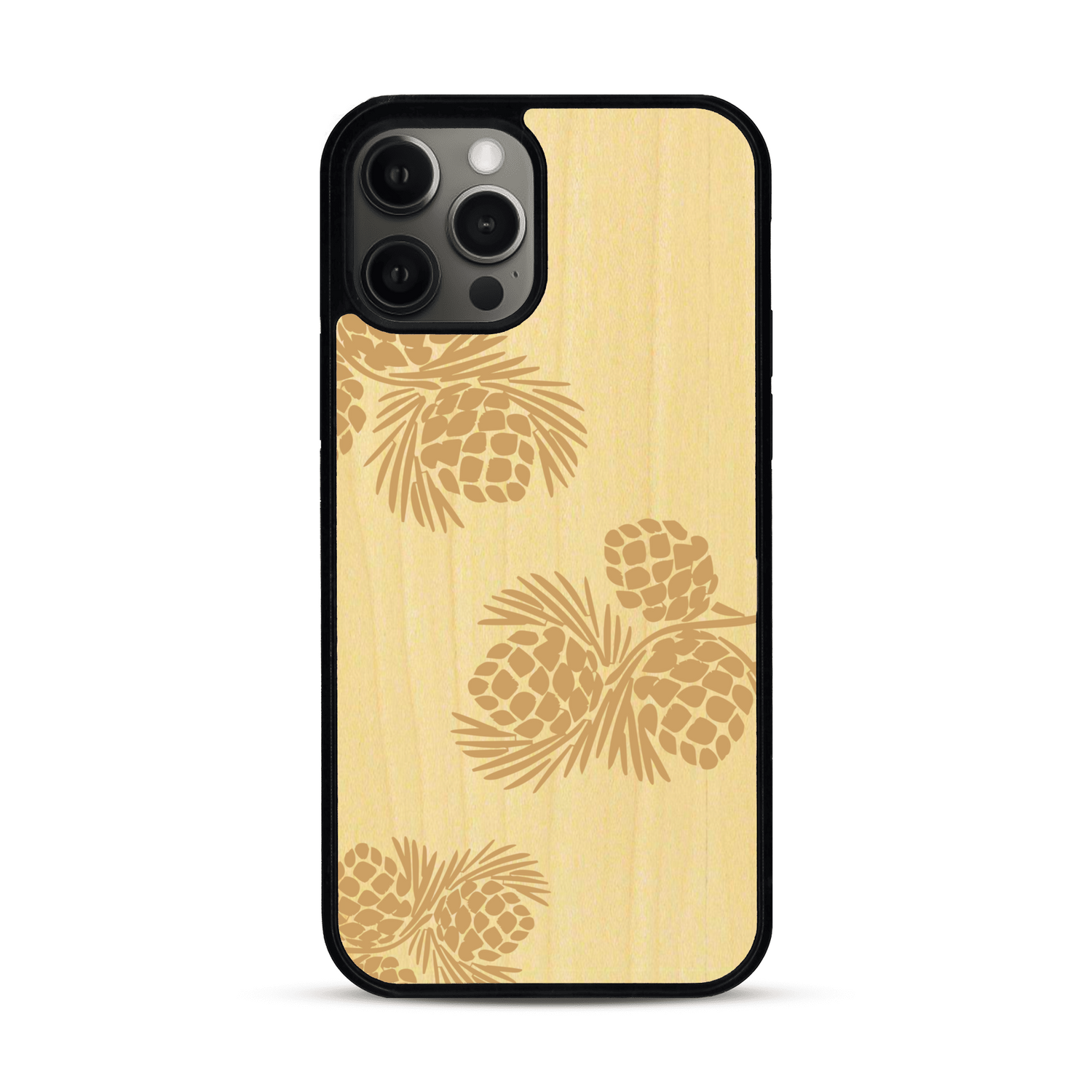 Coque de protection en bois véritable fabriquée en France pour  sur le thème de la nature des arbres avec un motif de gravure représentant des épines de sapin et des pommes de pin