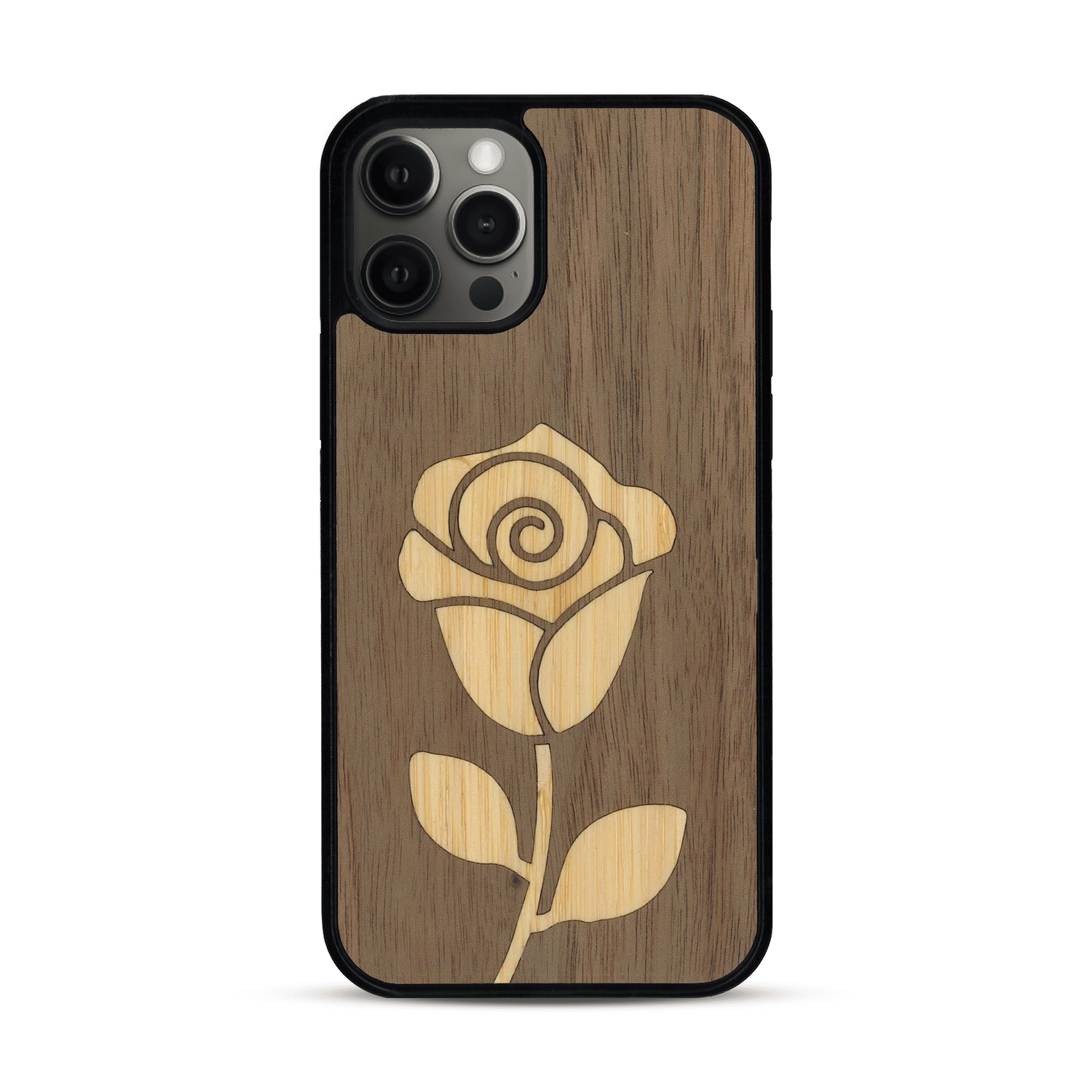 Coque de protection en bois véritable fabriquée en France pour  alliant plusieurs essences de bois pour représenter une rose