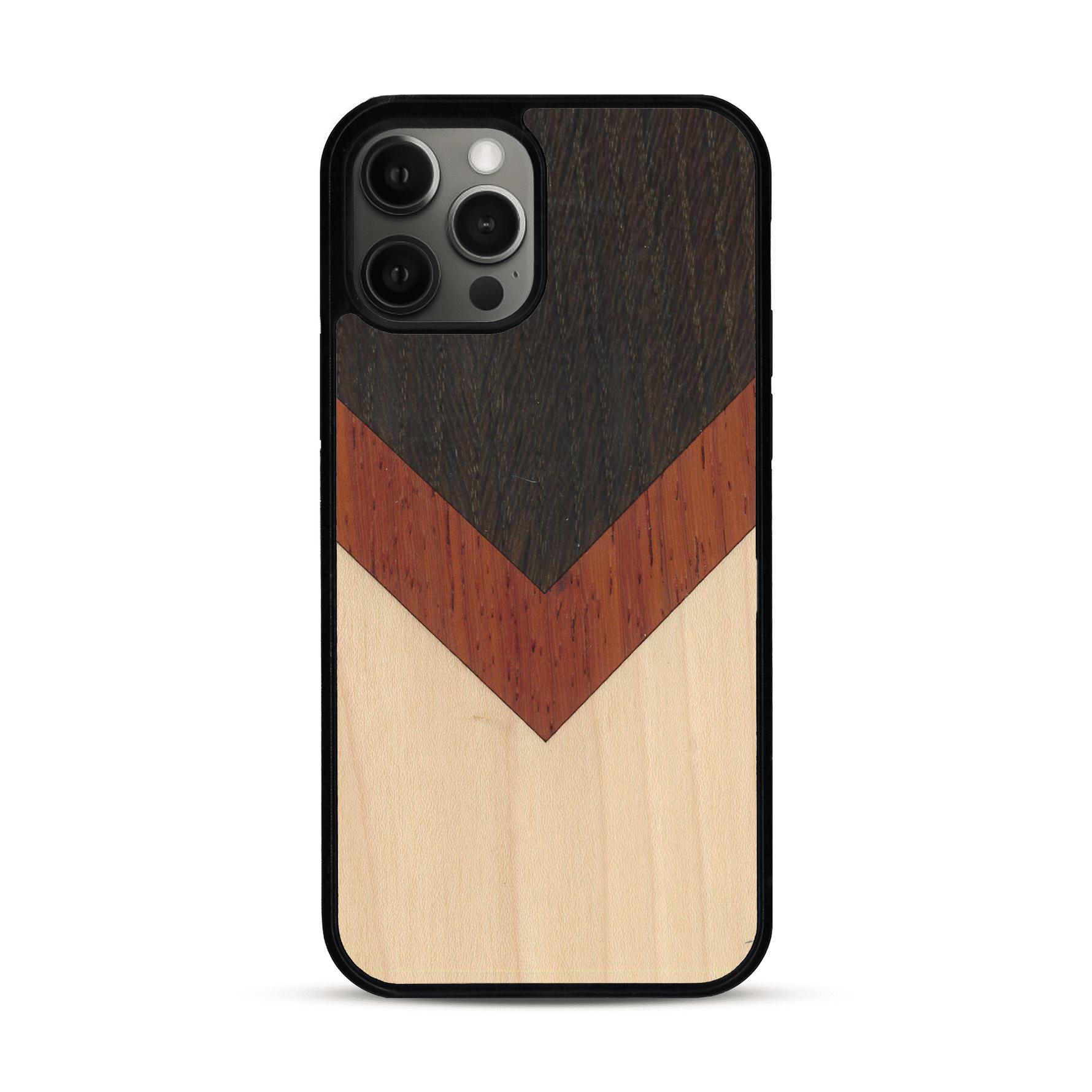 Coque de protection en bois véritable fabriquée en France pour  alliant du chêne fumé, du padouk et du bambou en forme de chevron sur le thème de l'art abstrait