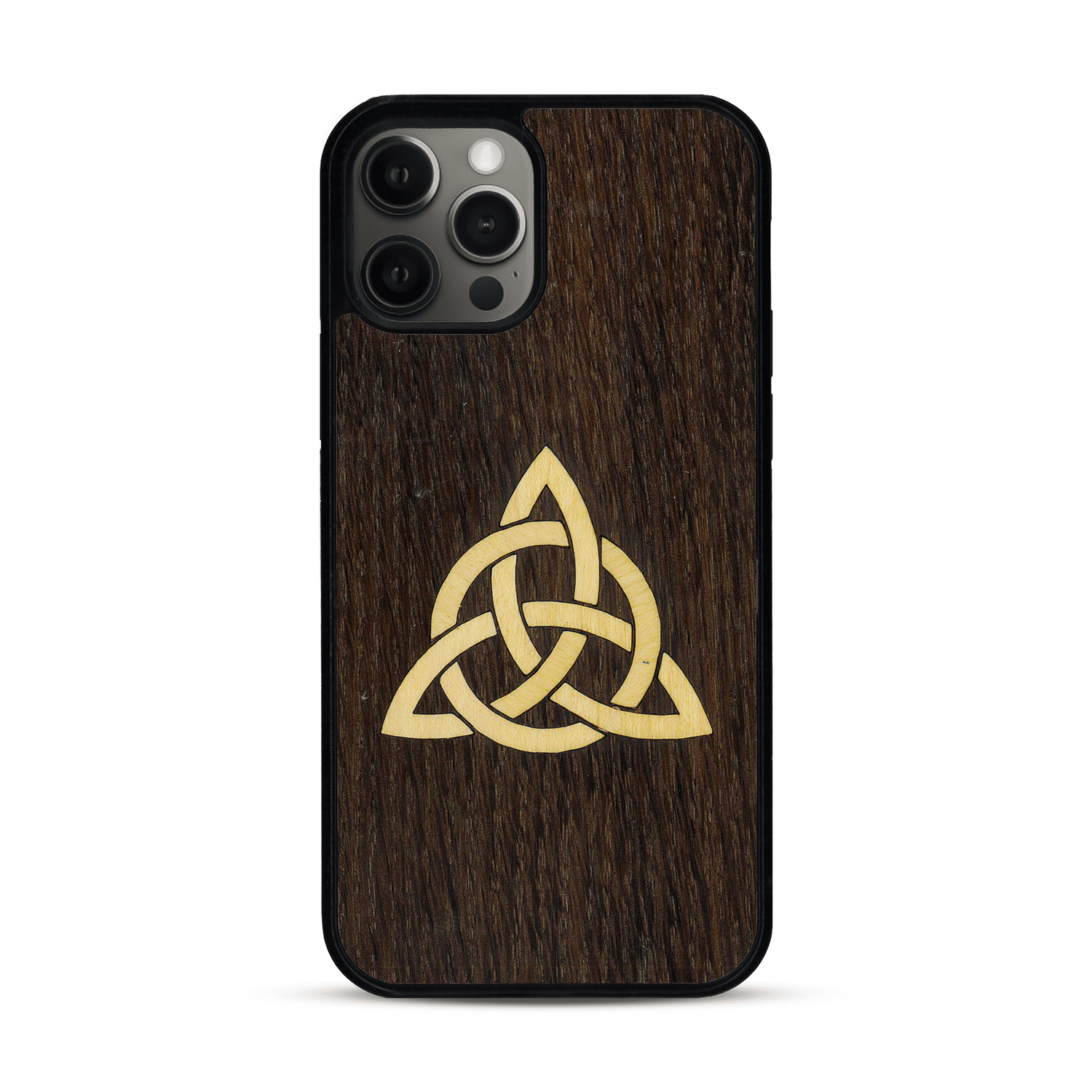 Coque de protection en bois véritable fabriquée en France pour  alliant du chêne fumé et du bambou représentant une triquetra