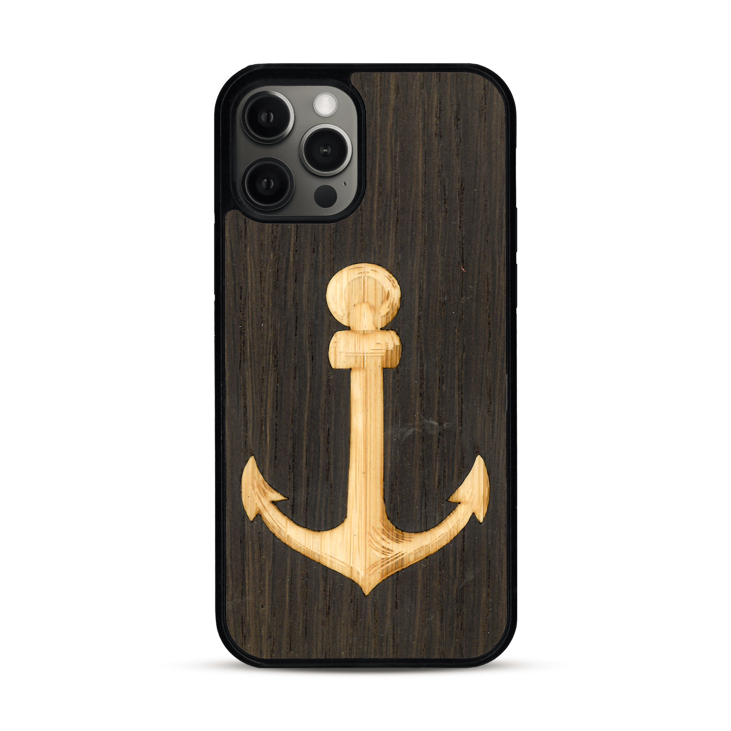 Coque de protection en bois véritable fabriquée en France pour  sur le thème nautique avec un bois clair et un bois foncé représentant une ancre de bateau
