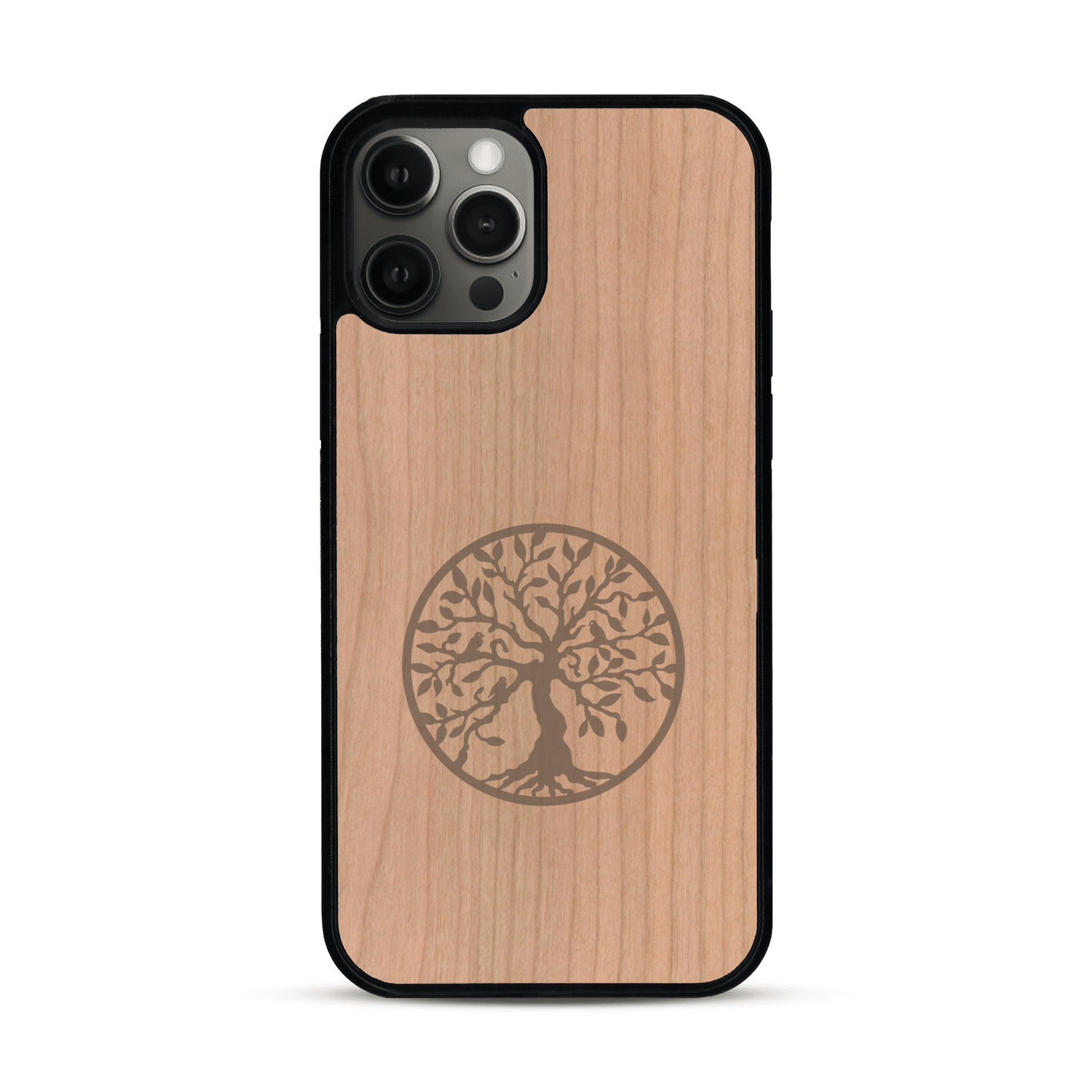 Coque de protection en bois véritable fabriquée en France pour  sur le thème de la spiritualité et du yoga avec une gravure zen représentant un arbre de vie