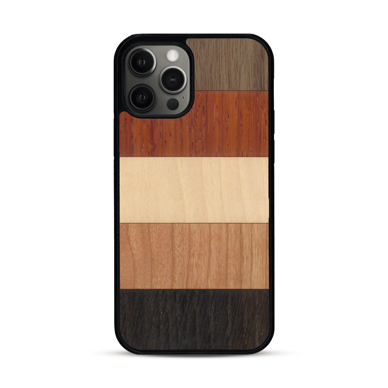 Coque de protection en bois véritable fabriquée en France pour  alliant des bandes horizontales de bambou, merisier, padouk, noyer et chêne fumé