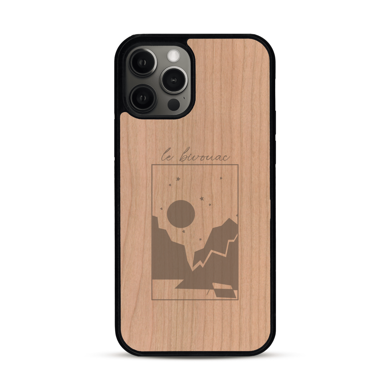 Coque de protection en bois véritable fabriquée en France pour  sur le thème du camping en pleine nature et du bivouac avec la phrase "Aventure is out there"
