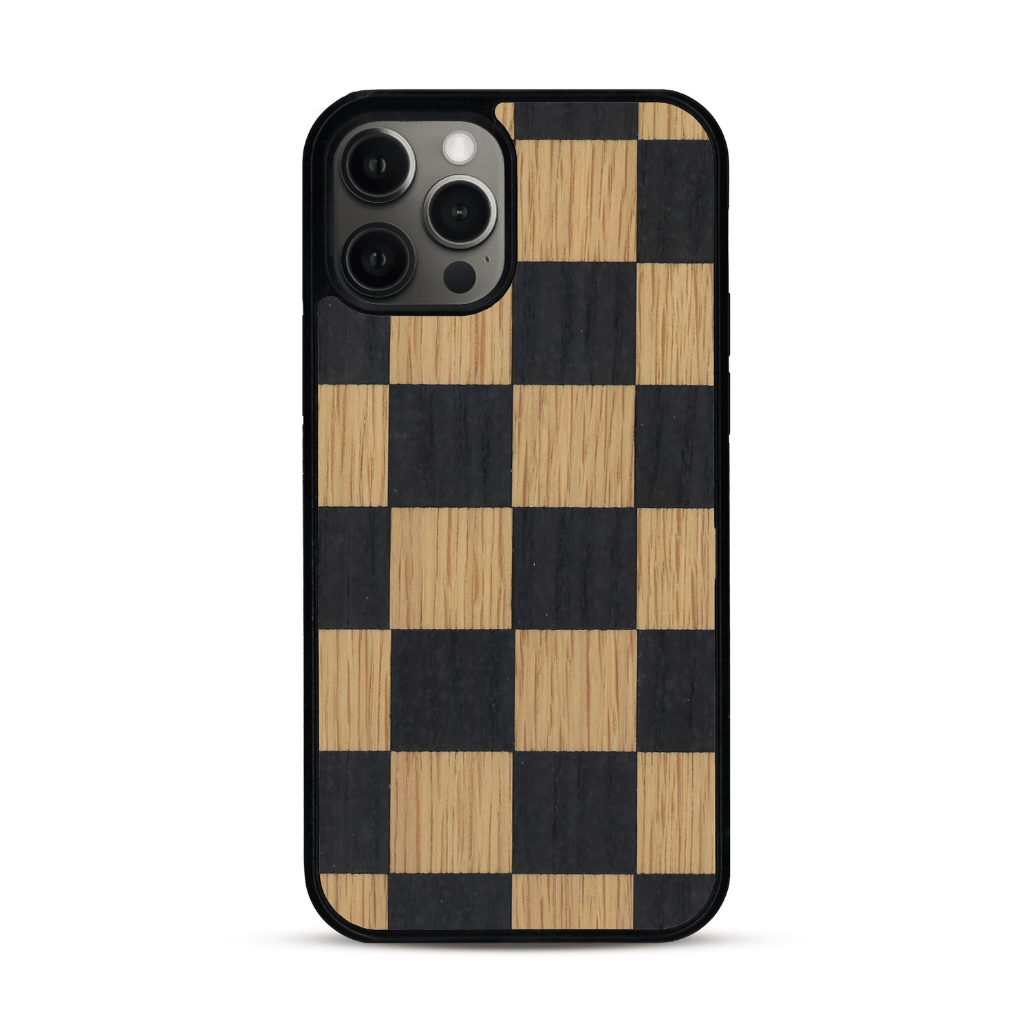 Coque de protection en bois véritable fabriquée en France pour  alliant plusieurs essences de bois pour représenter un damier