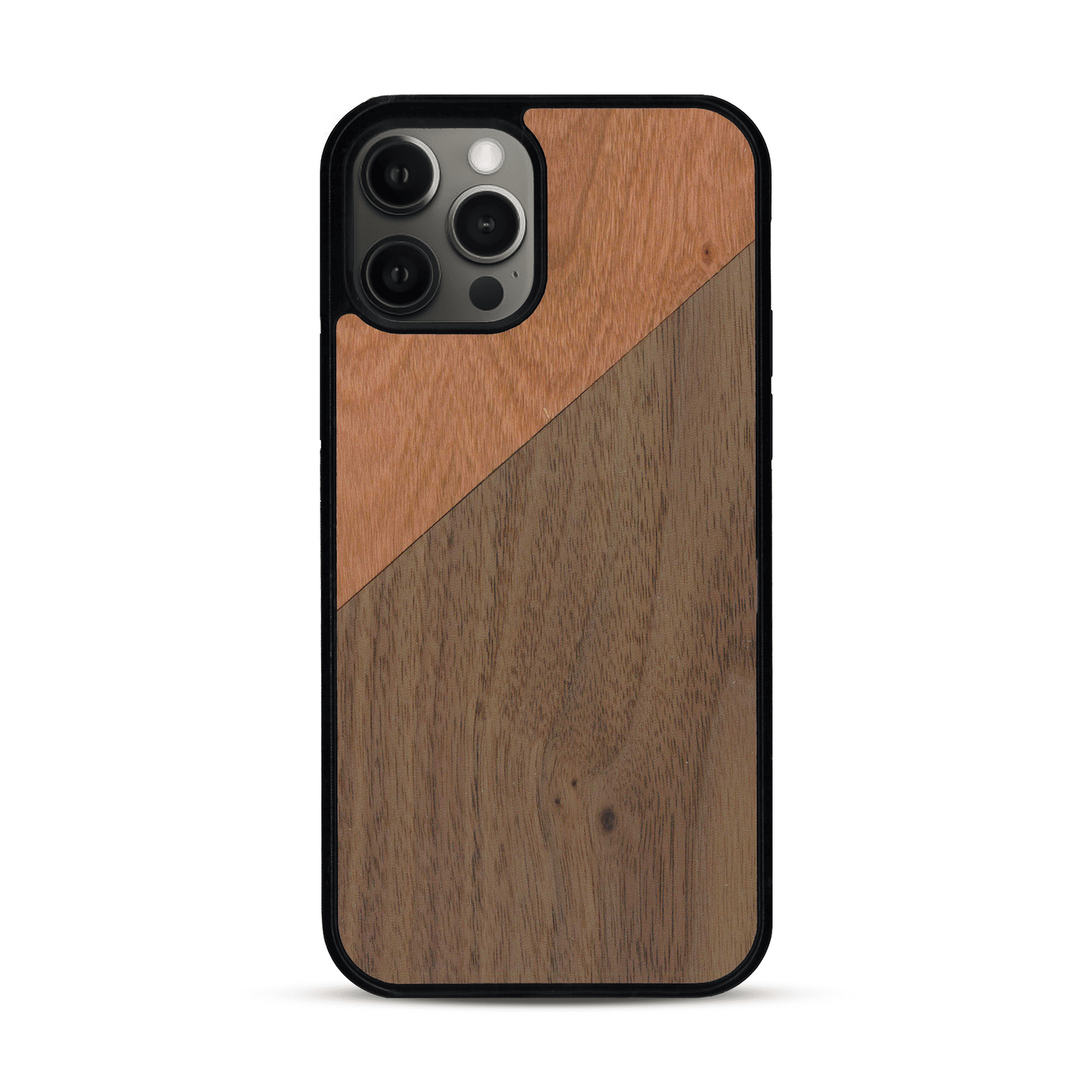 Coque de protection en bois véritable fabriquée en France pour  alliant du merisier et du noyer formant chacun un triangle avec une jointure en diagonale sur le thème de l'art abstrait