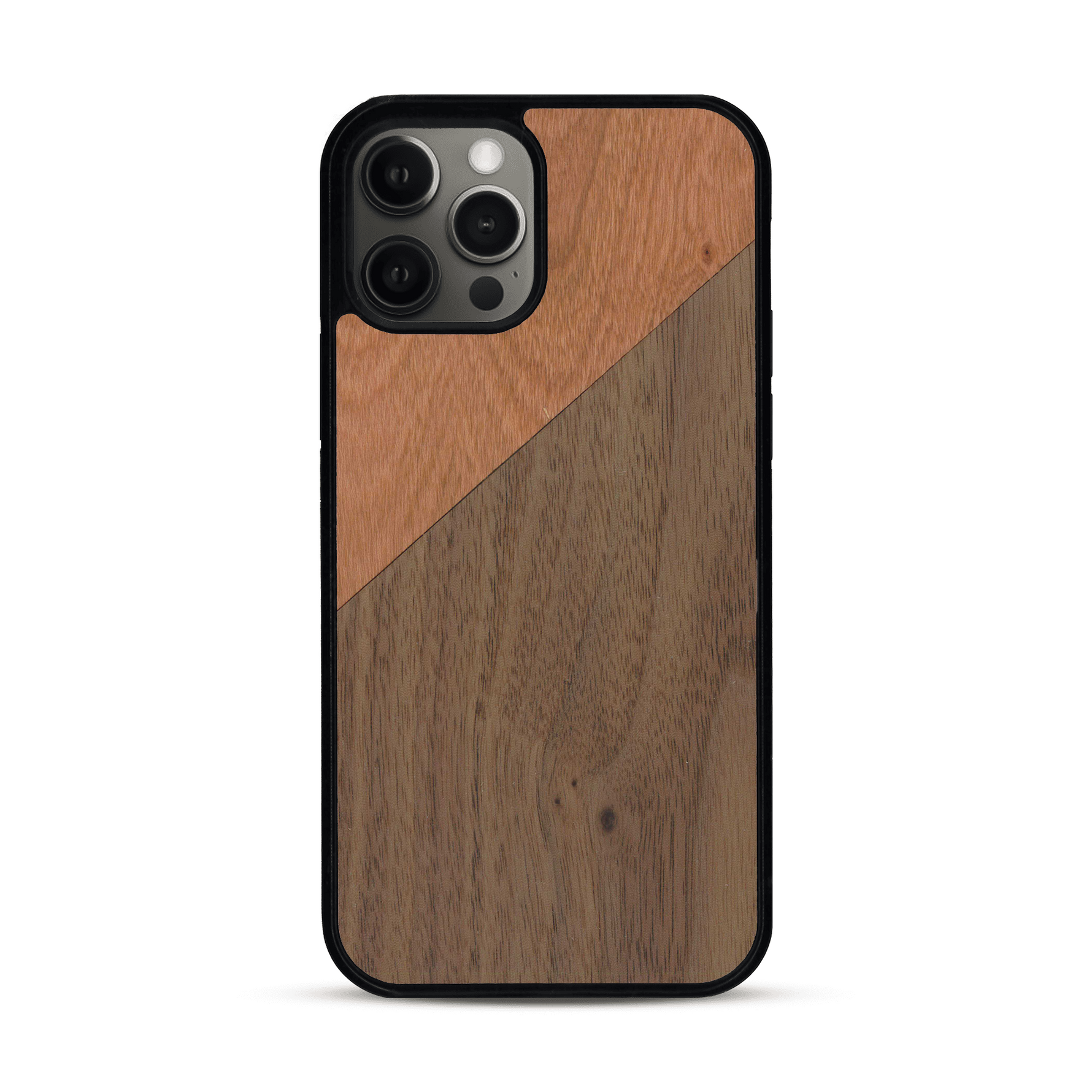 Coque de protection en bois véritable fabriquée en France pour  alliant du merisier et du noyer formant chacun un triangle avec une jointure en diagonale sur le thème de l'art abstrait