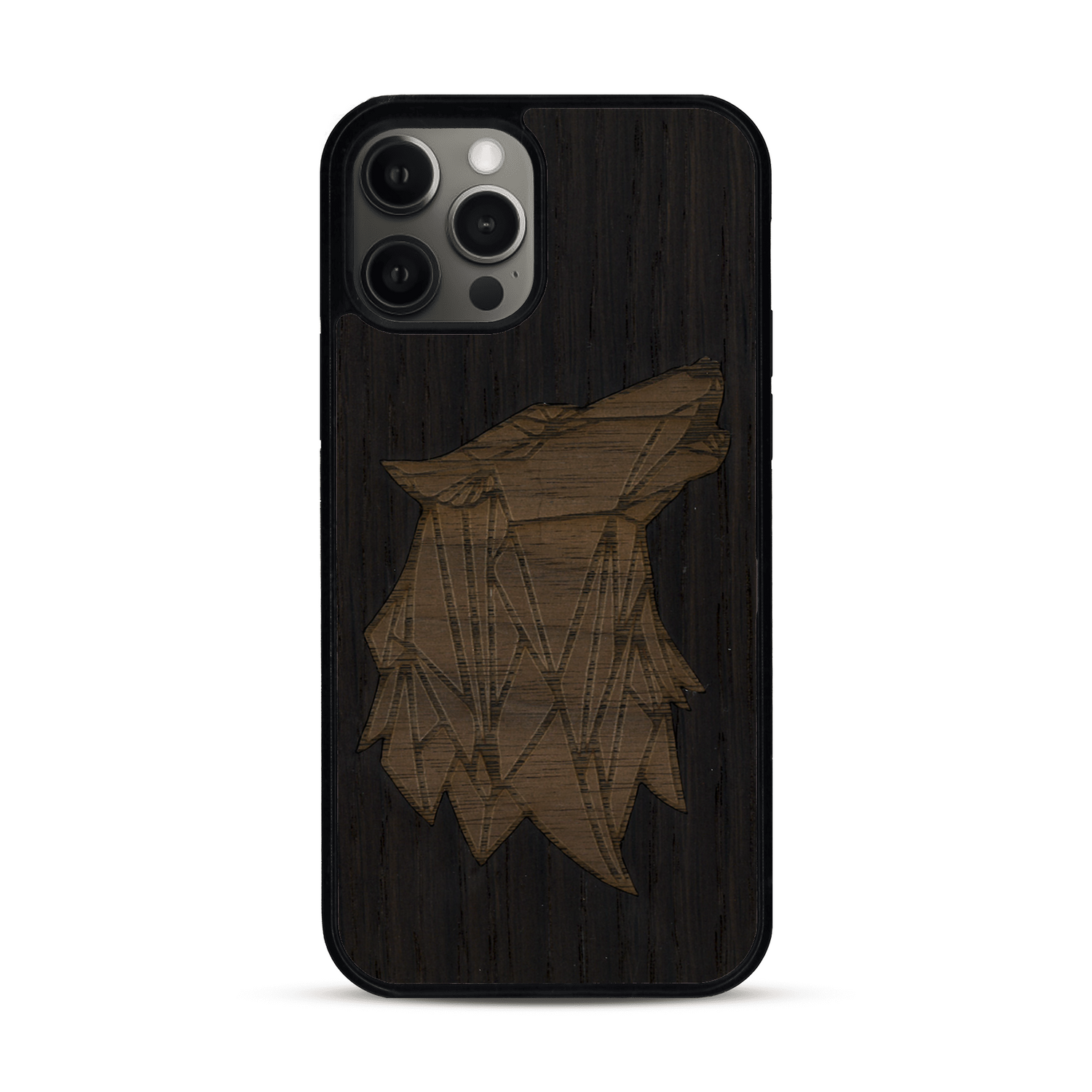 Coque de protection en bois véritable fabriquée en France pour  alliant du chêne fumé et du noyer représentant une tête de loup géométrique de profil sur le thème des animaux et de la nature