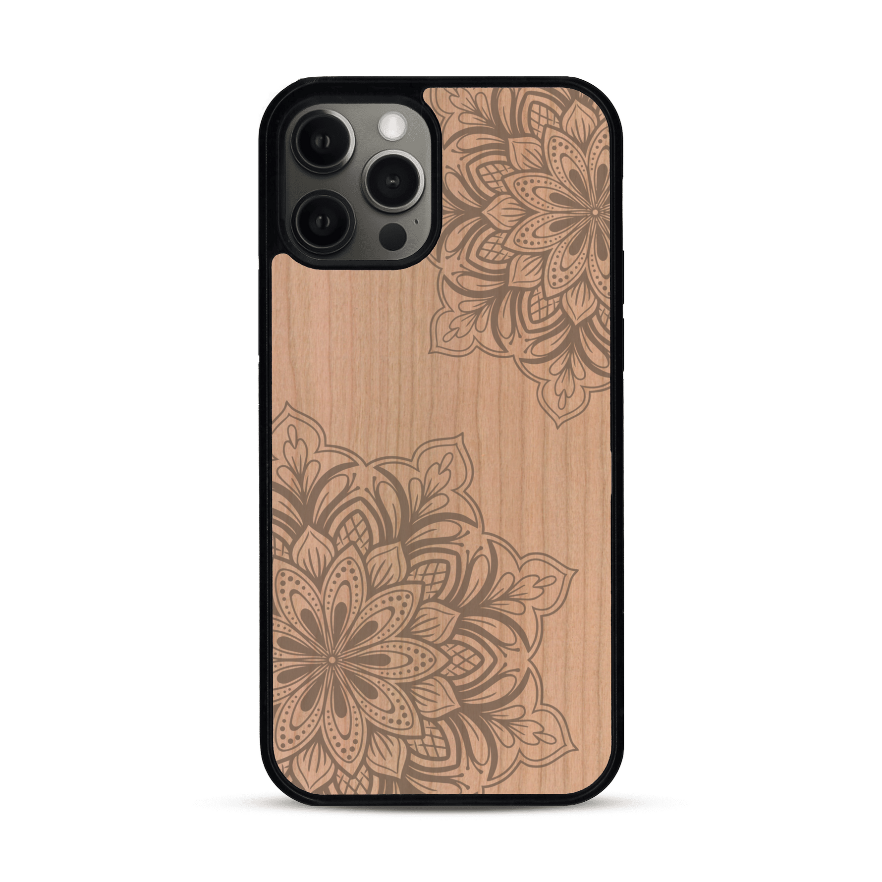 Coque de protection en bois véritable fabriquée en France pour  sur le thème de la bohème et du tatouage au henné avec une gravure représentant un mandala
