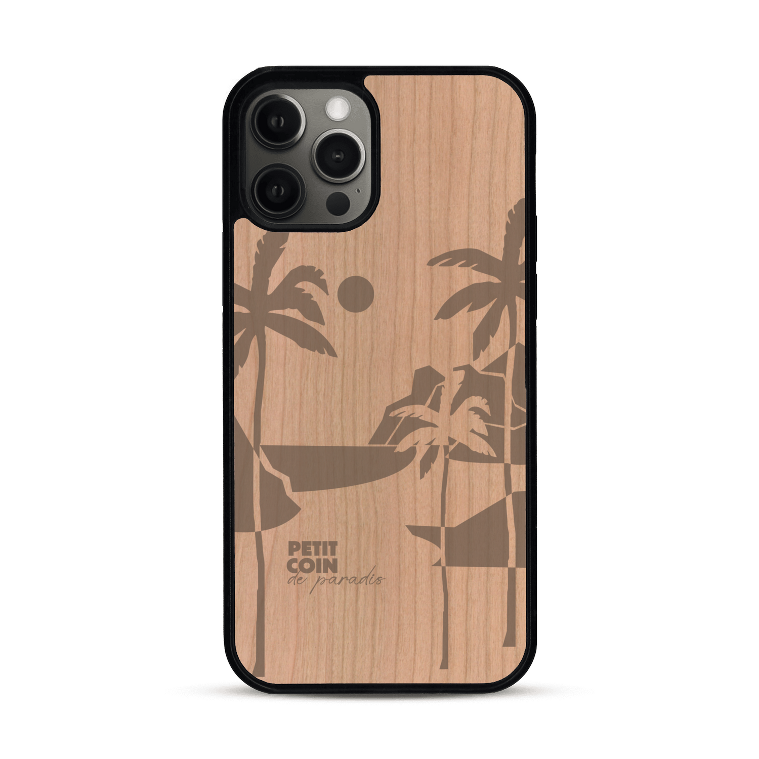 Coque de protection en bois véritable fabriquée en France pour  sur le thème des voyages en vans, vanlife et chill avec une gravure représentant un van vw combi devant le soleil couchant sur une plage avec des vagues
