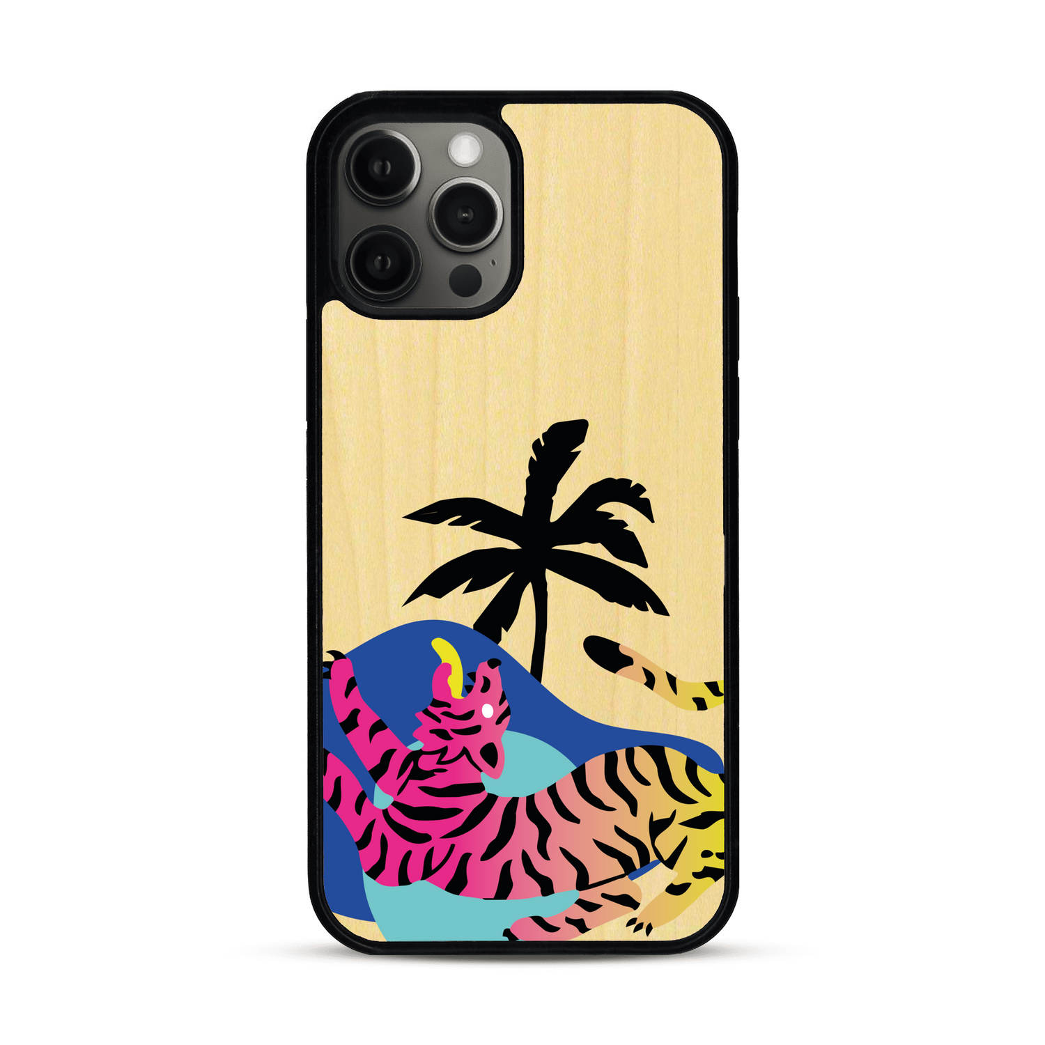Coque de protection en bois véritable fabriquée en France pour iPhone 12 Pro représentant un tigre coloré avec un design moderne et minimaliste sur le thème de la jungle et de la nature