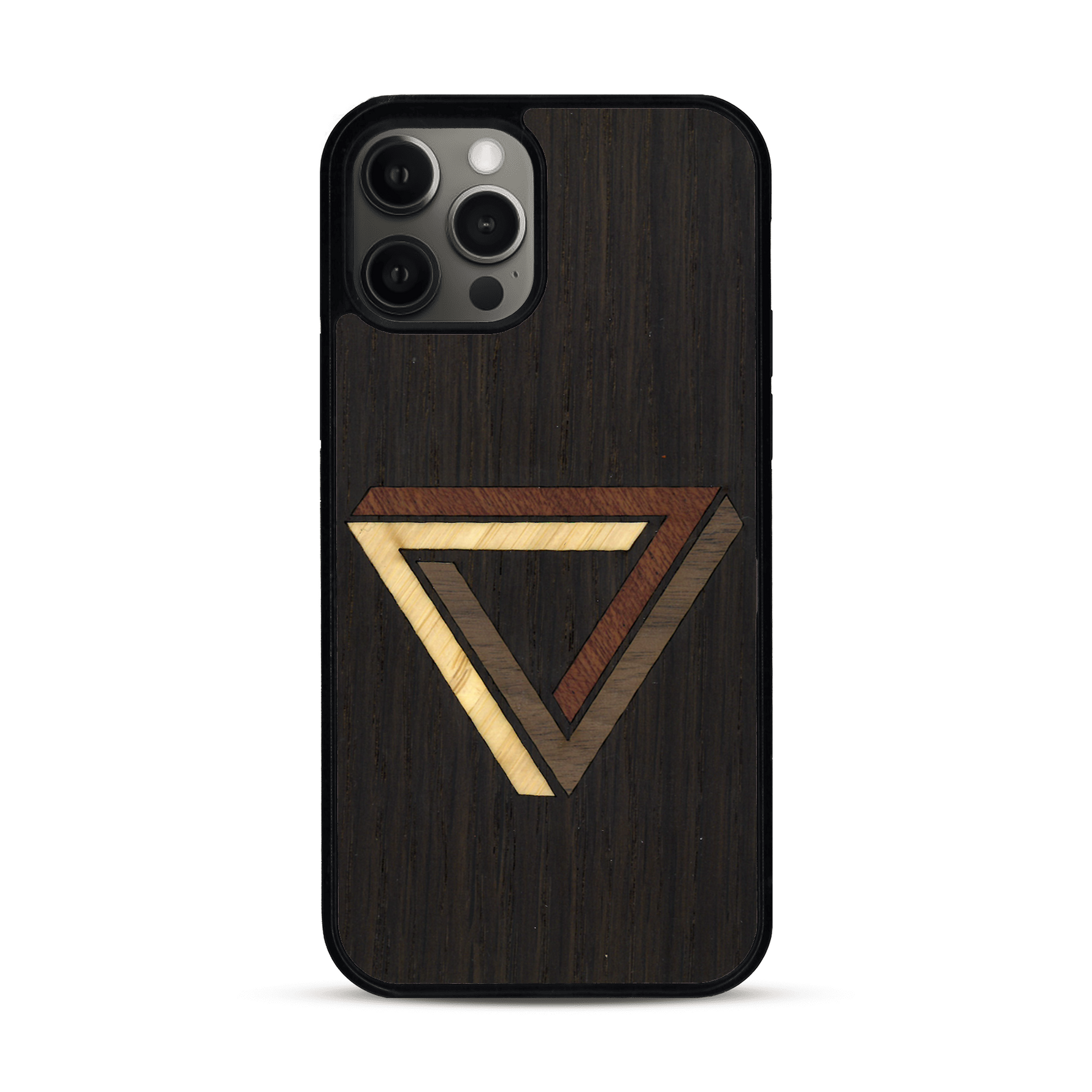 Coque de protection en bois véritable fabriquée en France pour  sur le thème de l'art géométrique qui allie du chêne fumé, du noyer, du bambou et du padouk représentant le triangle de penrose