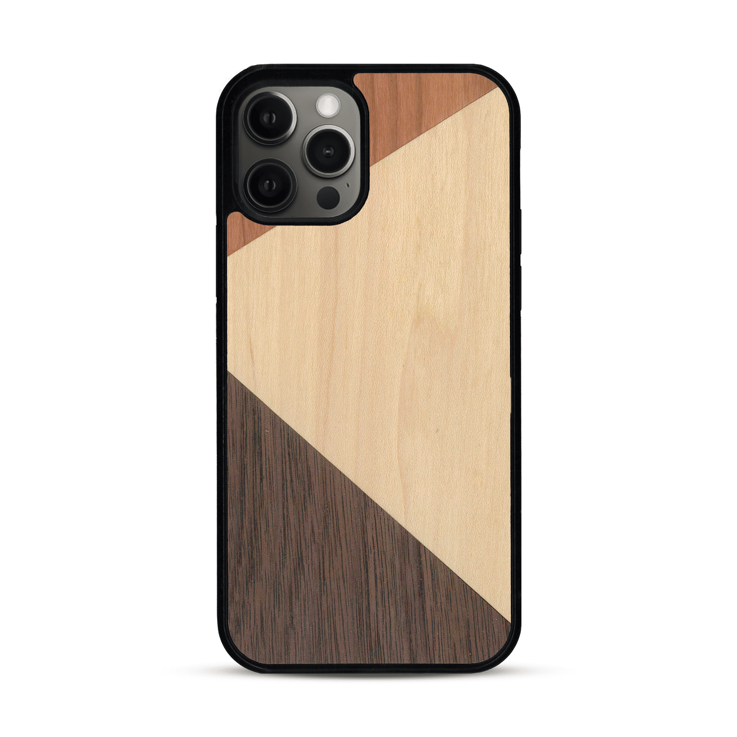 Coque de protection en bois véritable fabriquée en France pour  alliant du merisier, du noyer et du bambou formant chacun deux triangles et un trapèze avec deux jointures en diagonale sur le thème de l'art abstrait