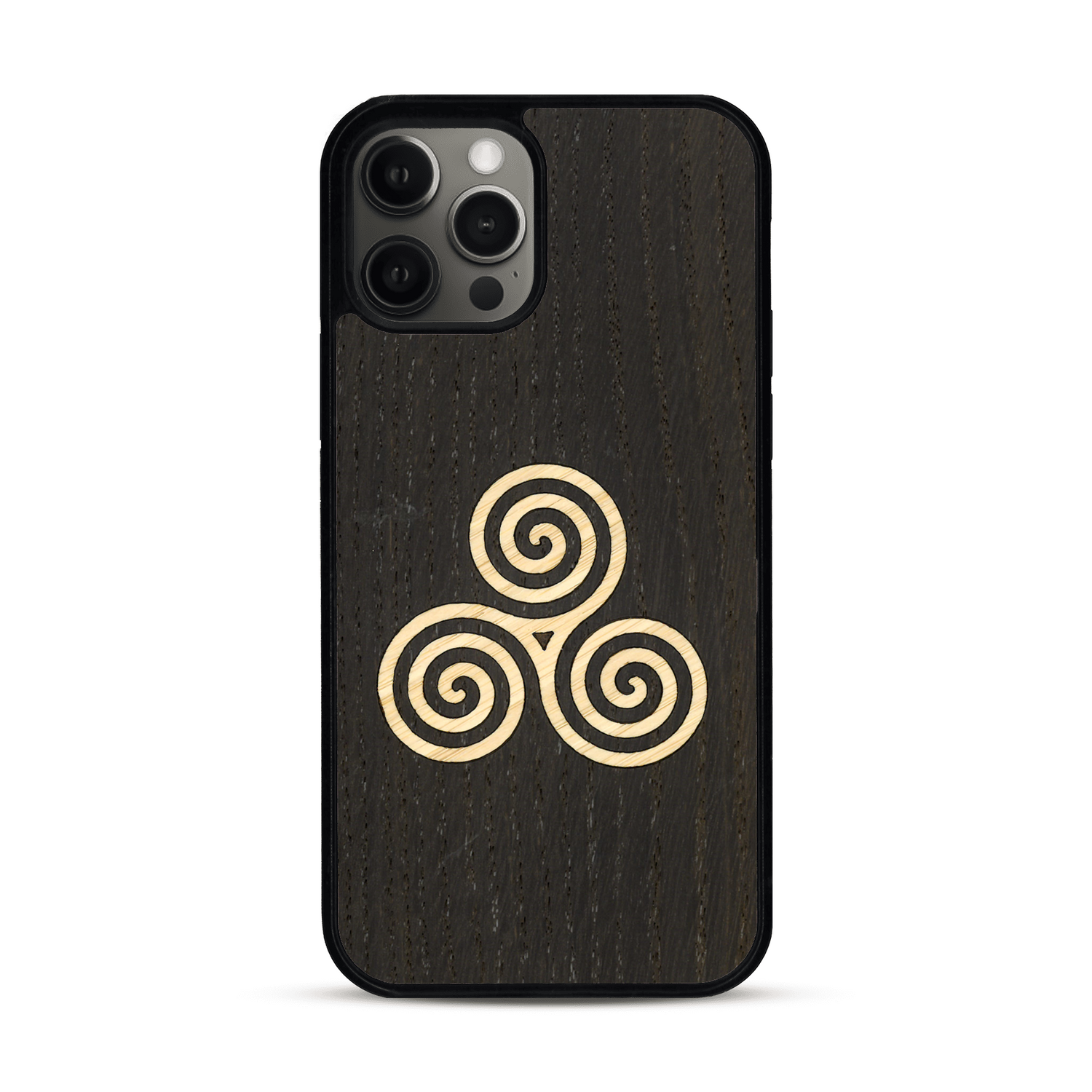 Coque de protection en bois véritable fabriquée en France pour  alliant du chêne fumé et du bambou et doré représentant un triskell