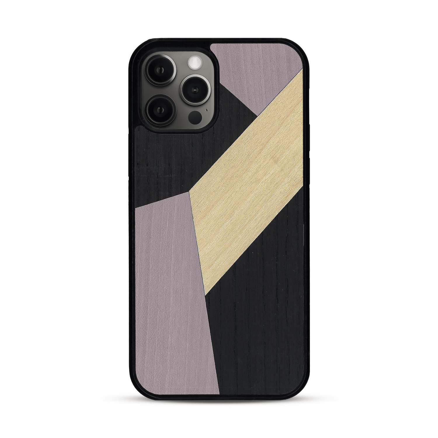 Coque de protection en bois véritable fabriquée en France pour  alliant du bambou, du tulipier mauve et noir en forme de mosaïque minimaliste sur le thème de l'art abstrait