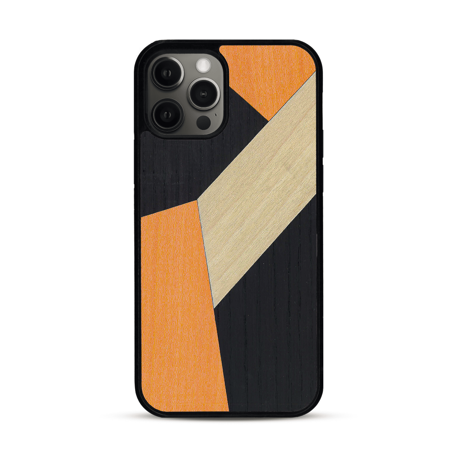 Coque de protection en bois véritable fabriquée en France pour  alliant du bambou, du tulipier orange et noir en forme de mosaïque minimaliste sur le thème de l'art abstrait