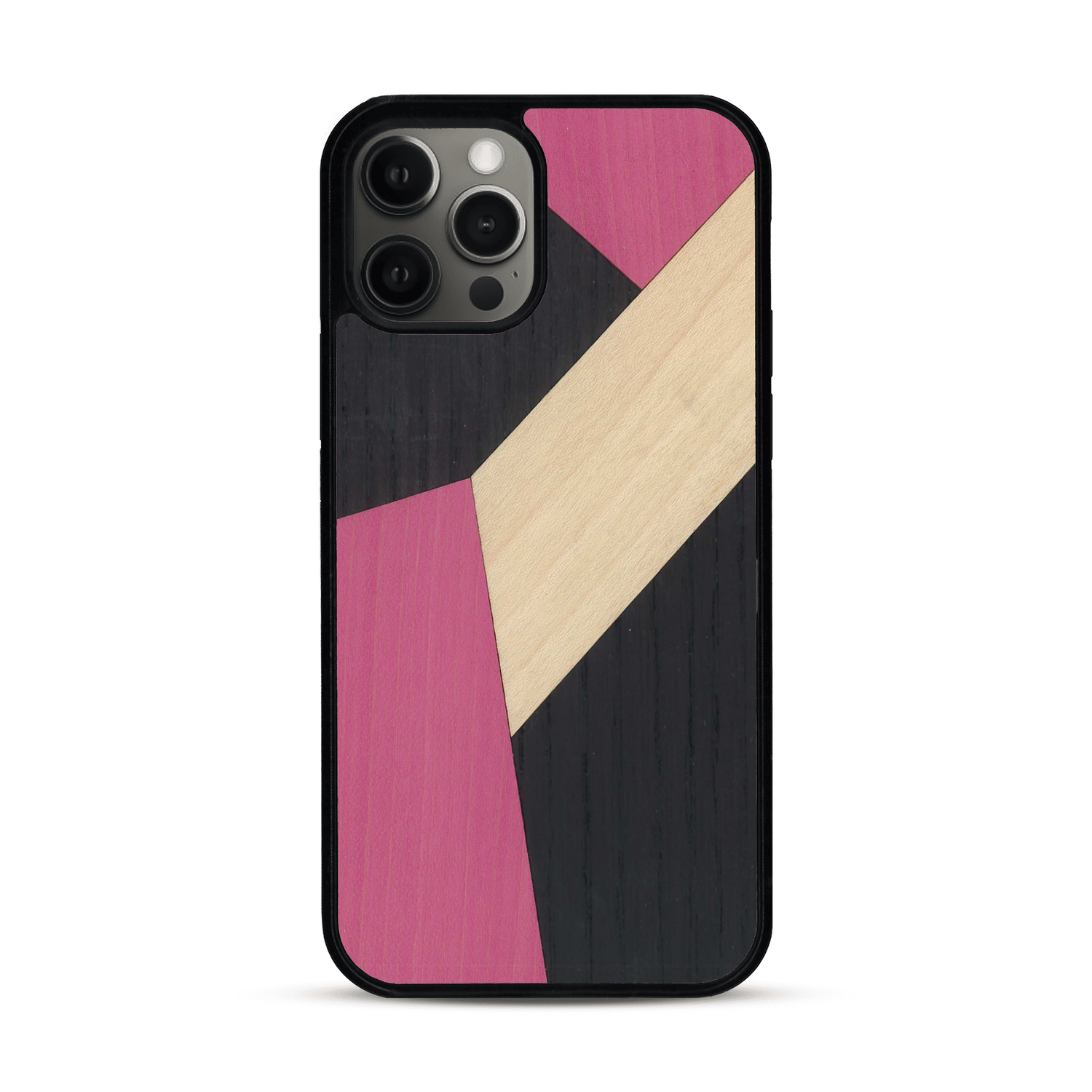 Coque de protection en bois véritable fabriquée en France pour  alliant du bambou, du tulipier rose et noir en forme de mosaïque minimaliste sur le thème de l'art abstrait