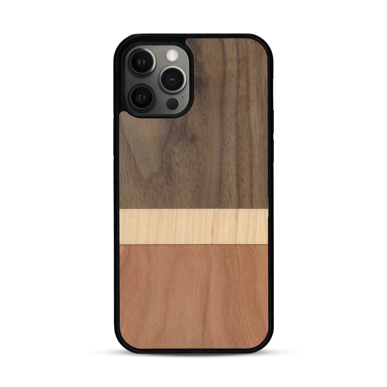 Coque de protection en bois véritable fabriquée en France pour  alliant des bandes horizontales de bambou, merisier et noyer