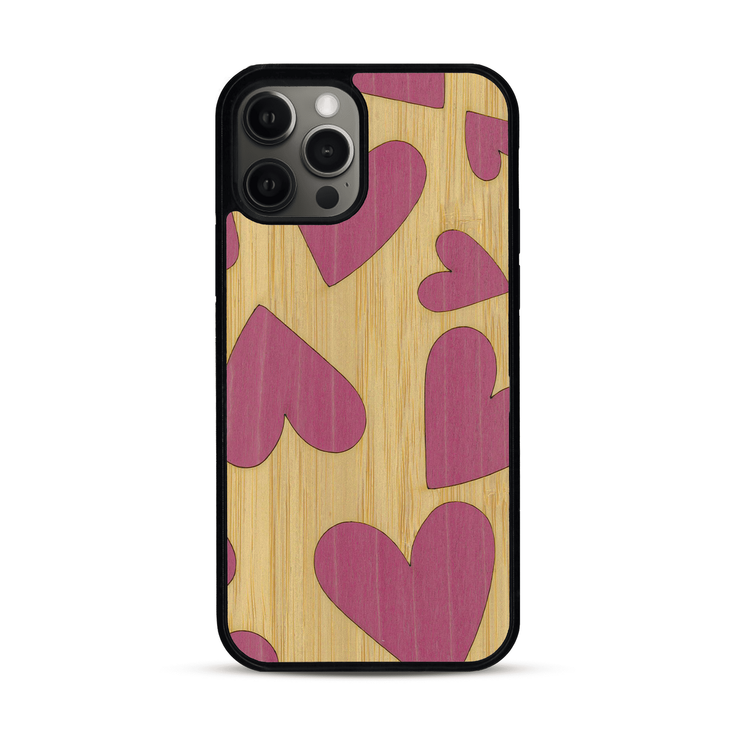 Coque de protection en bois véritable fabriquée en France pour  alliant plusieurs essences de bois pour représenter des coeurs pour les amoureux