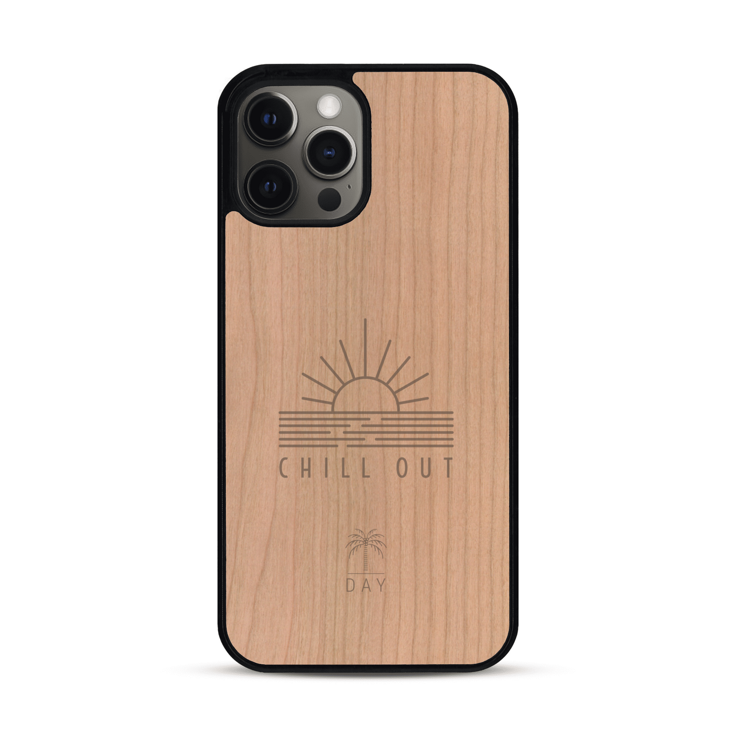 Coque de protection en bois véritable fabriquée en France pour  sur le thème chill avec un motif représentant un couché de soleil sur l'océan et la phrase "Chill out"