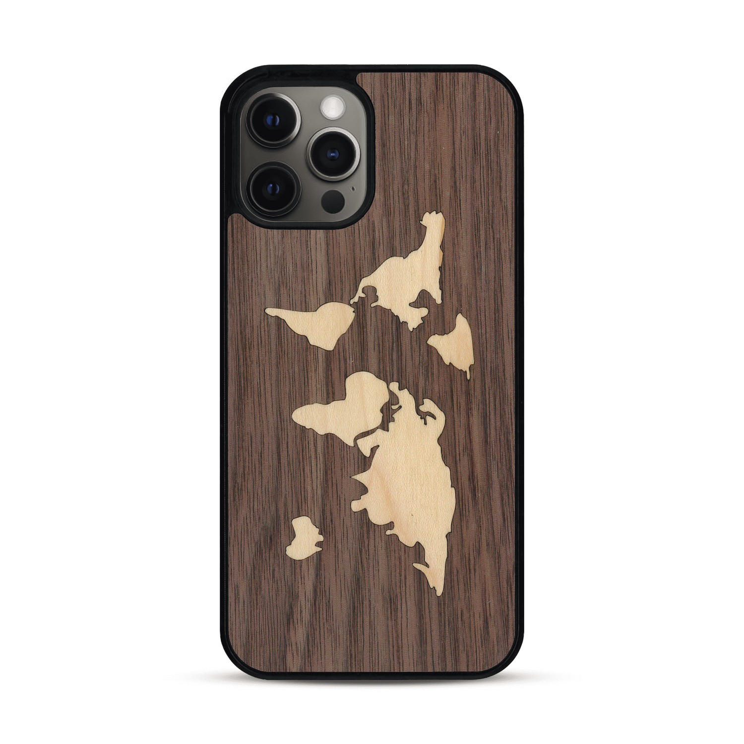 Coque de protection en bois véritable fabriquée en France pour  alliant du bambou et du noyer sur le thème du voyage et de l'aventure représentant une mappemonde