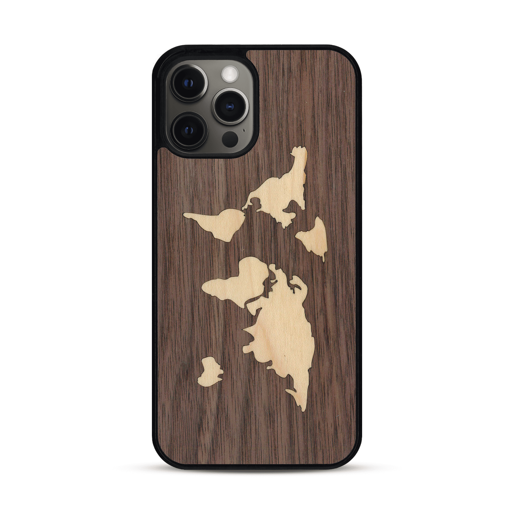 Coque de protection en bois véritable fabriquée en France pour  alliant du bambou et du noyer sur le thème du voyage et de l'aventure représentant une mappemonde
